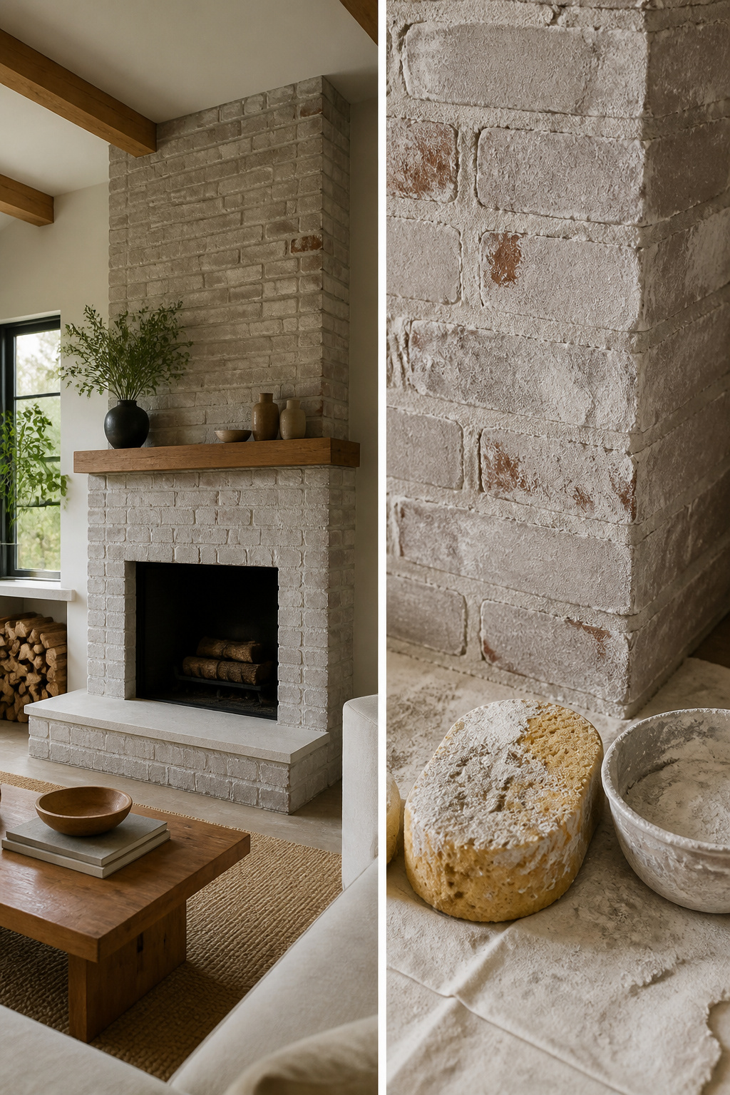 Brick fireplace with a textured, mortar-coated surface.