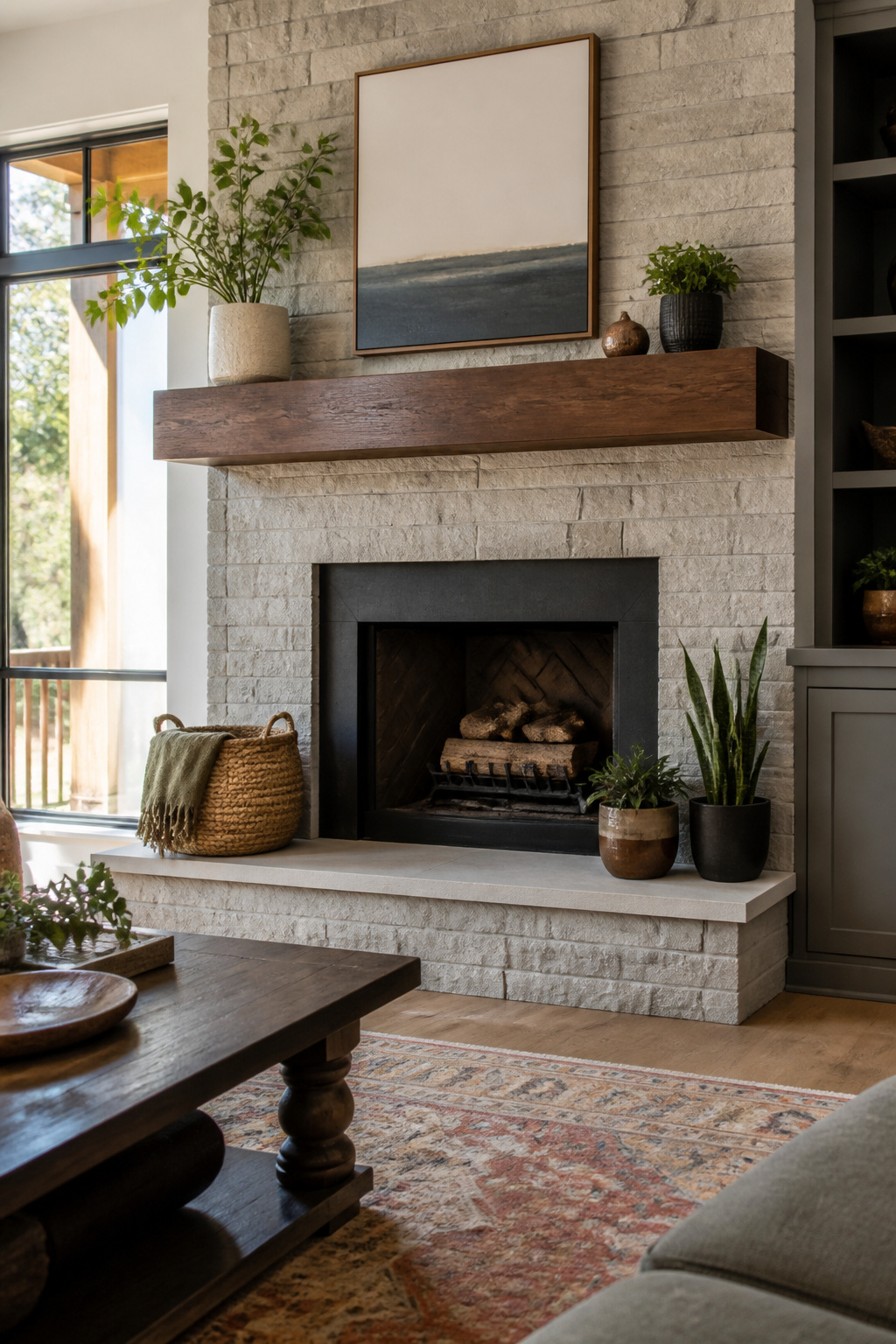 A solid wood mantel above a fireplace, showcasing clean lines.