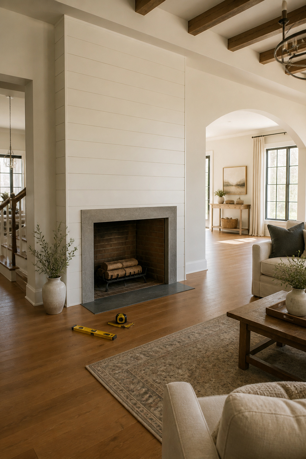 A fireplace surrounded by vertical wood panels.