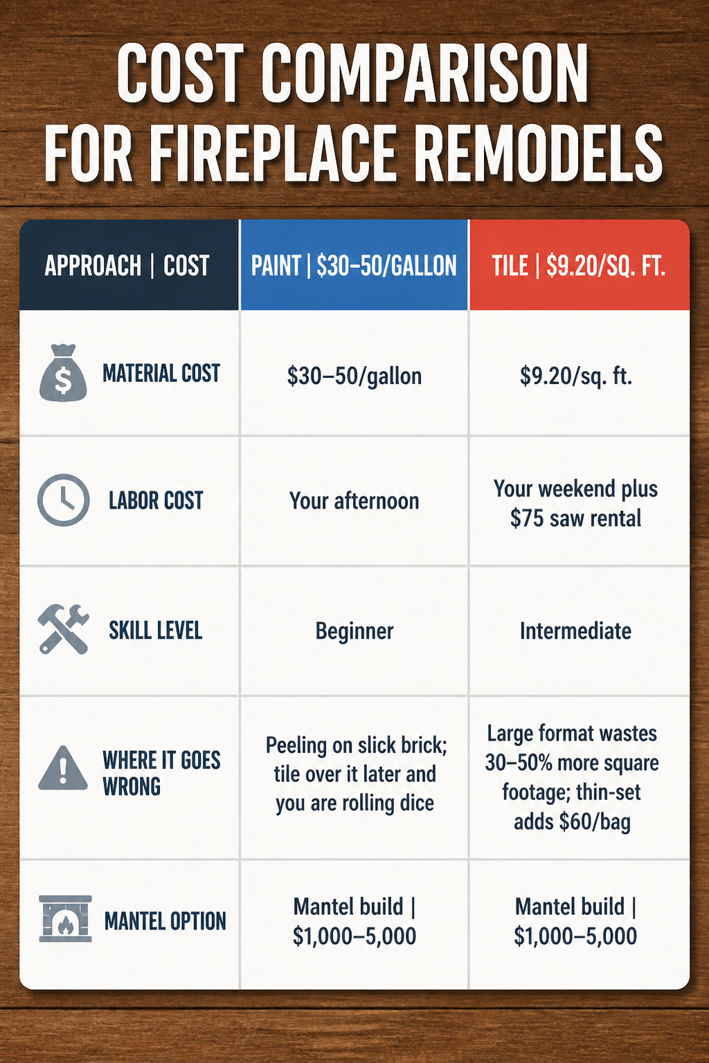 A chart comparing costs for different fireplace remodels.
