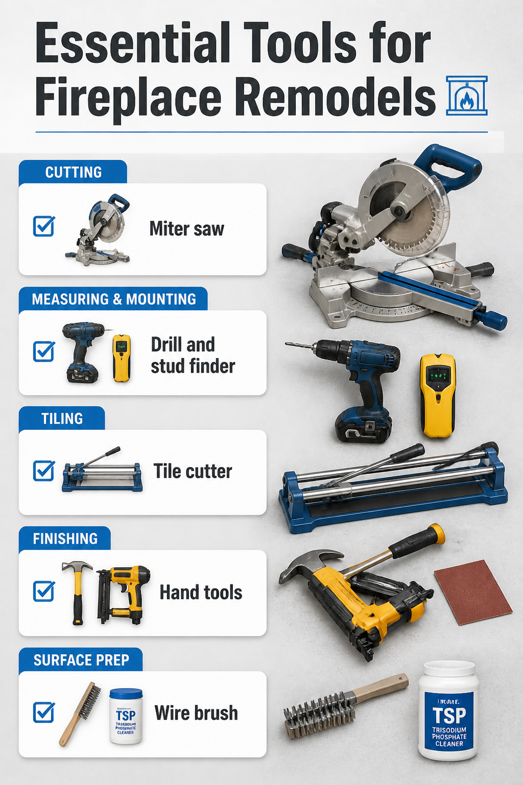 A collection of tools needed for fireplace remodeling.