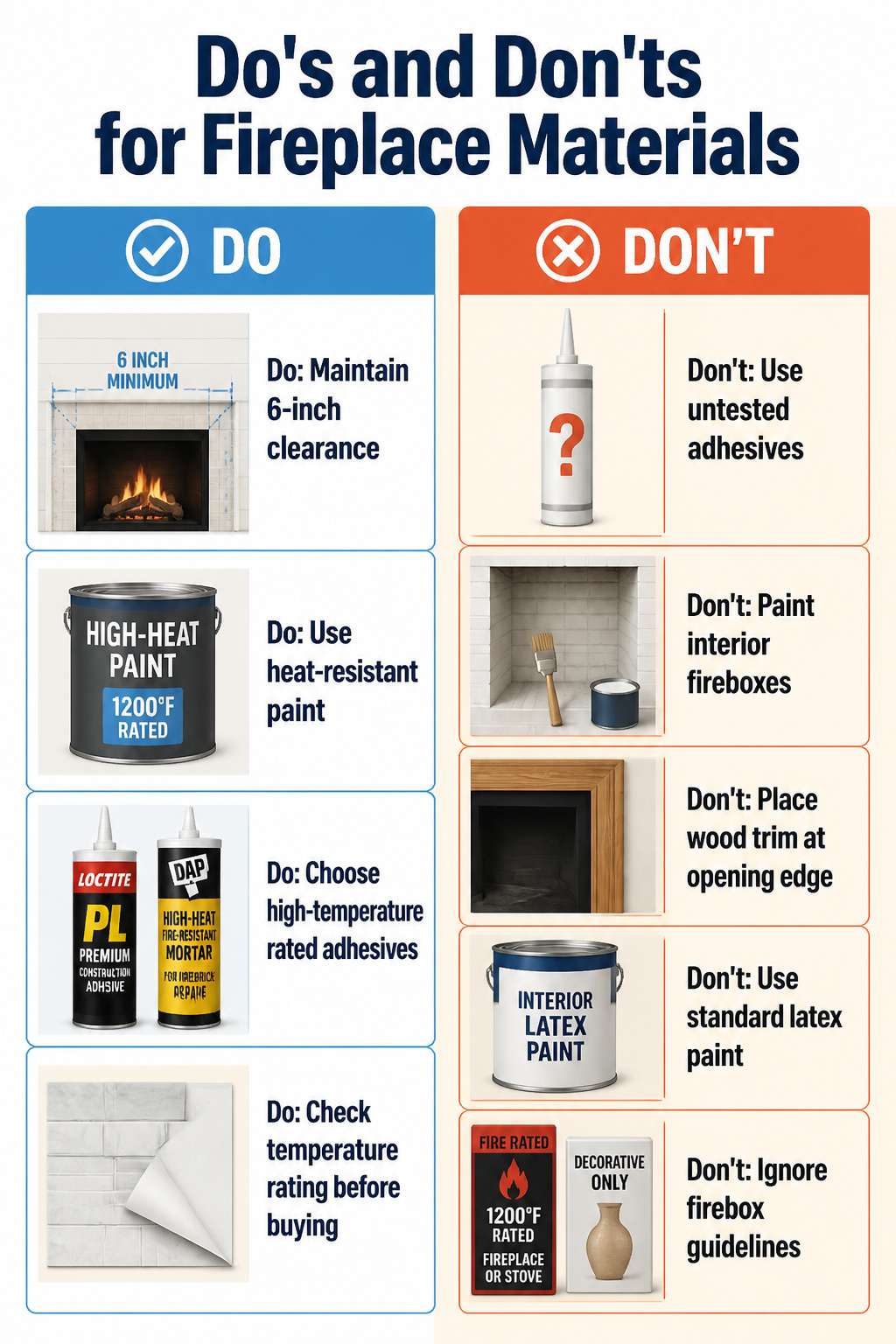 A chart showing do's and don'ts for fireplace materials.