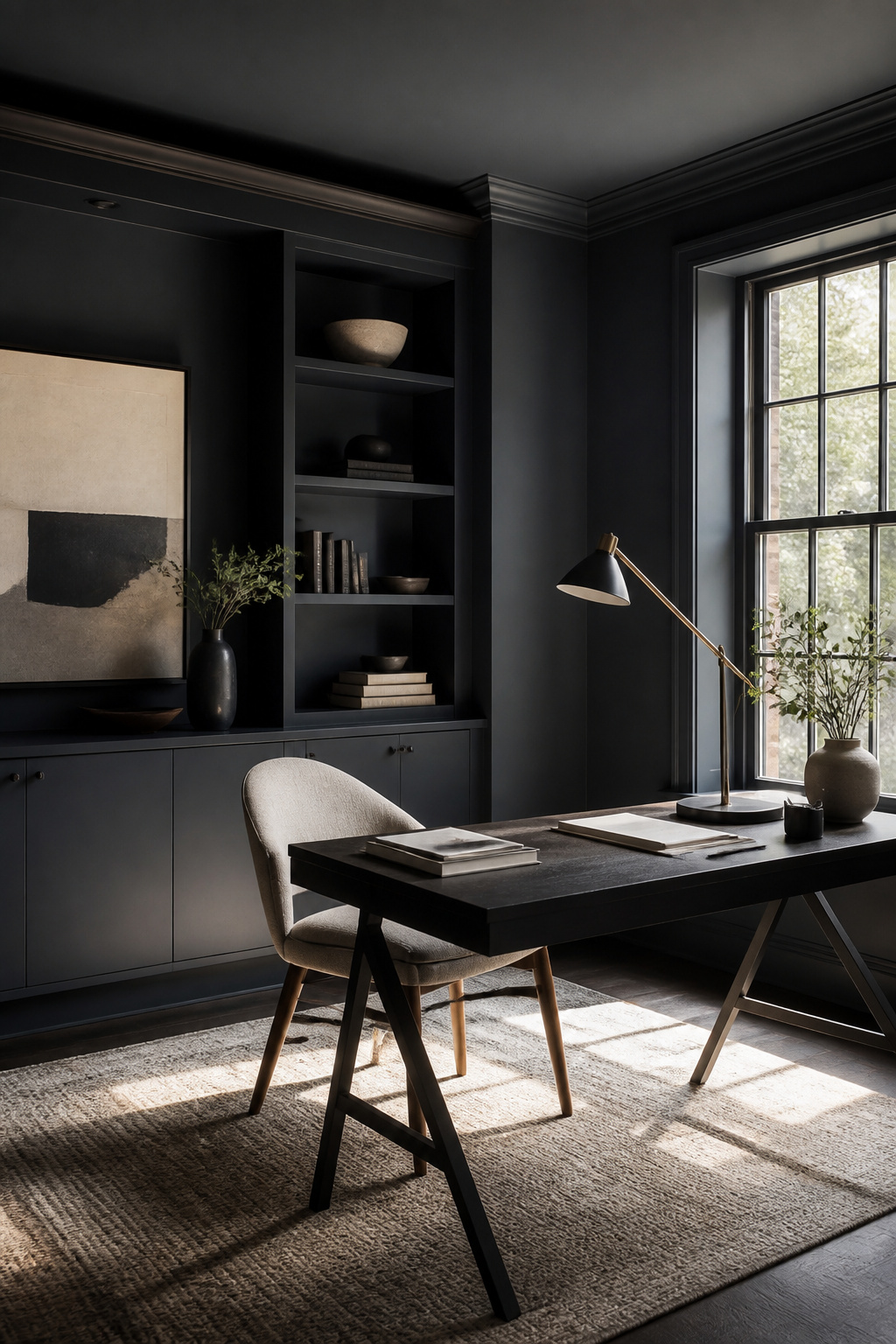 Walls painted in Eclipse in a stylish study with minimal furniture.