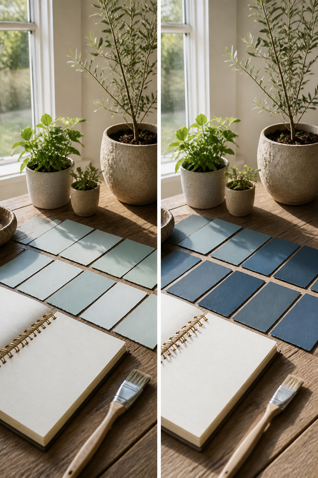 A display of various blue-gray paint chips showing undertones.