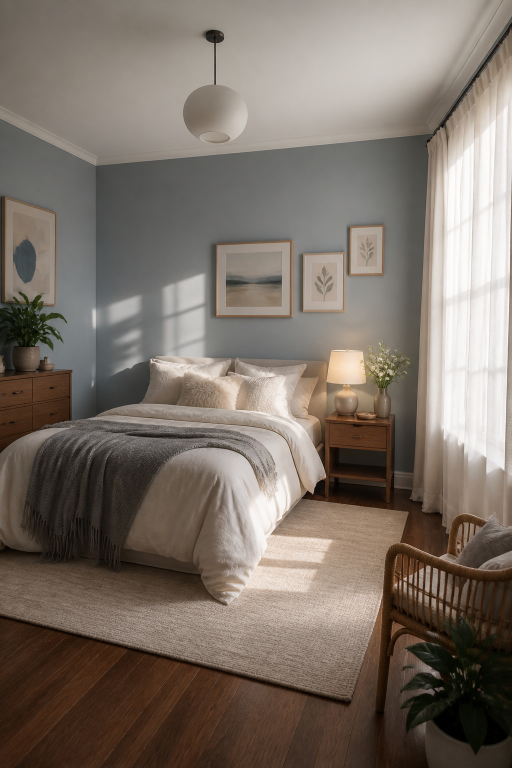 A serene bedroom with blue-gray paint on the walls.