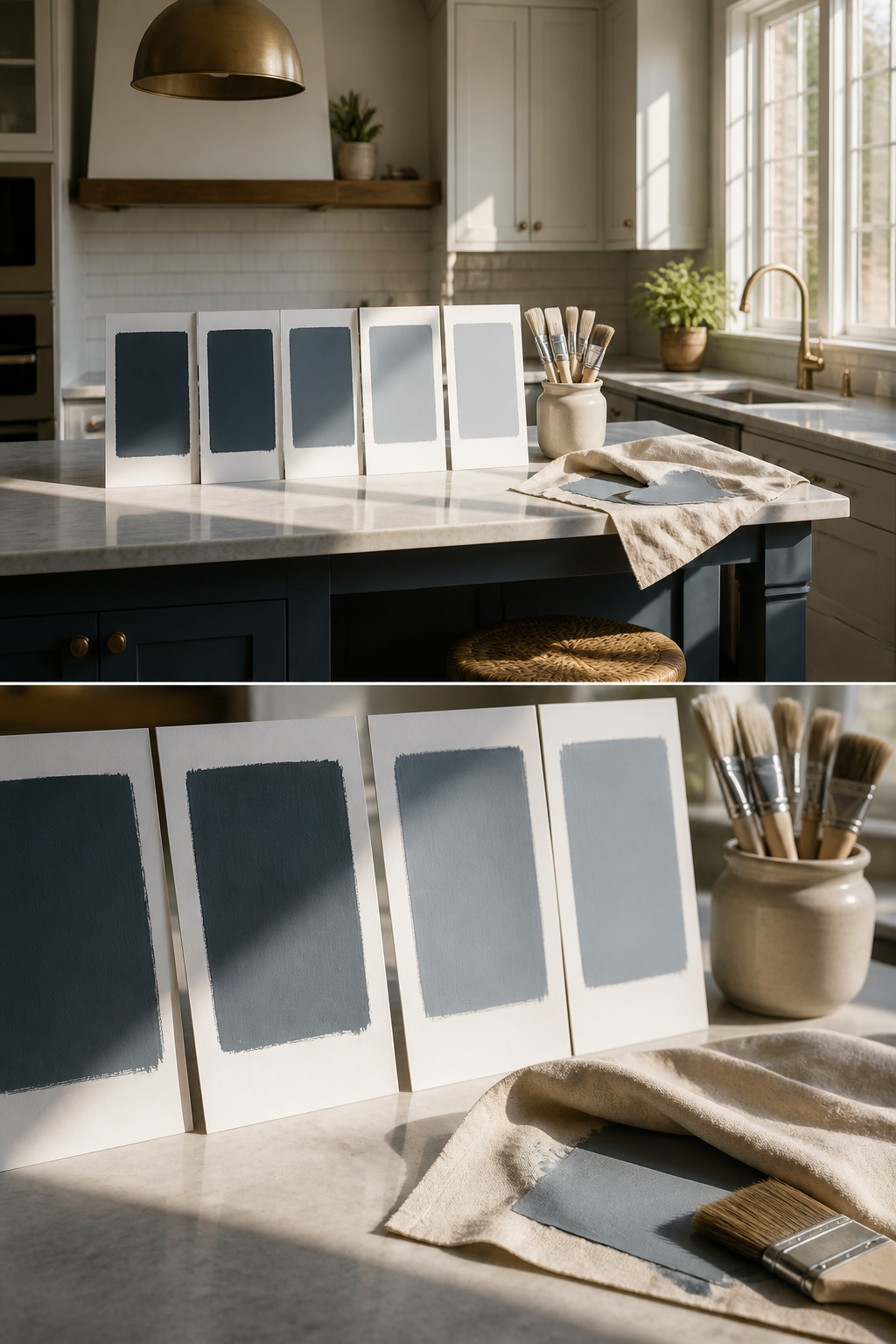 Paint samples displayed on white poster boards in a room.