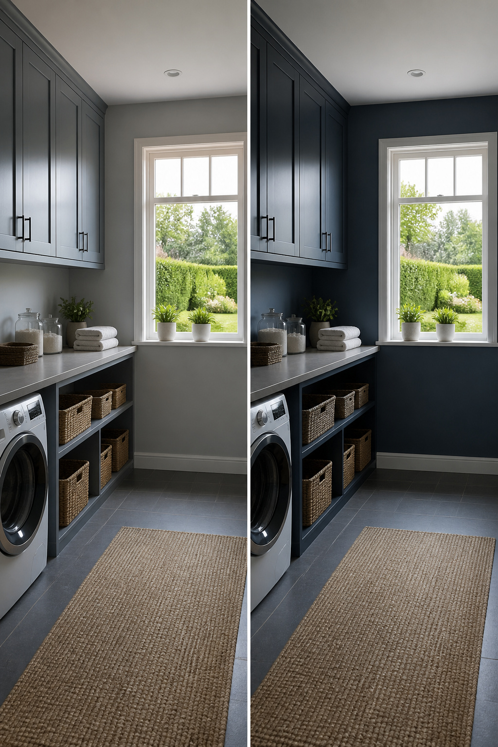 Laundry room cabinets painted in Storm Cloud SW 6249.