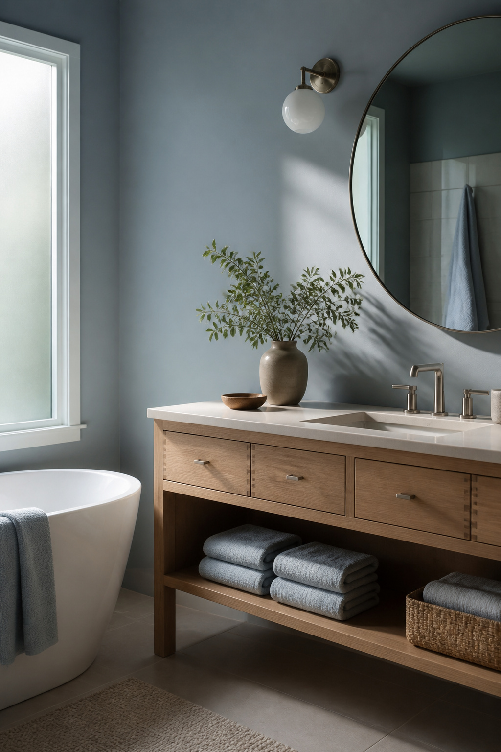 Bathroom walls painted in Misty SW 6232 with wood cabinetry.