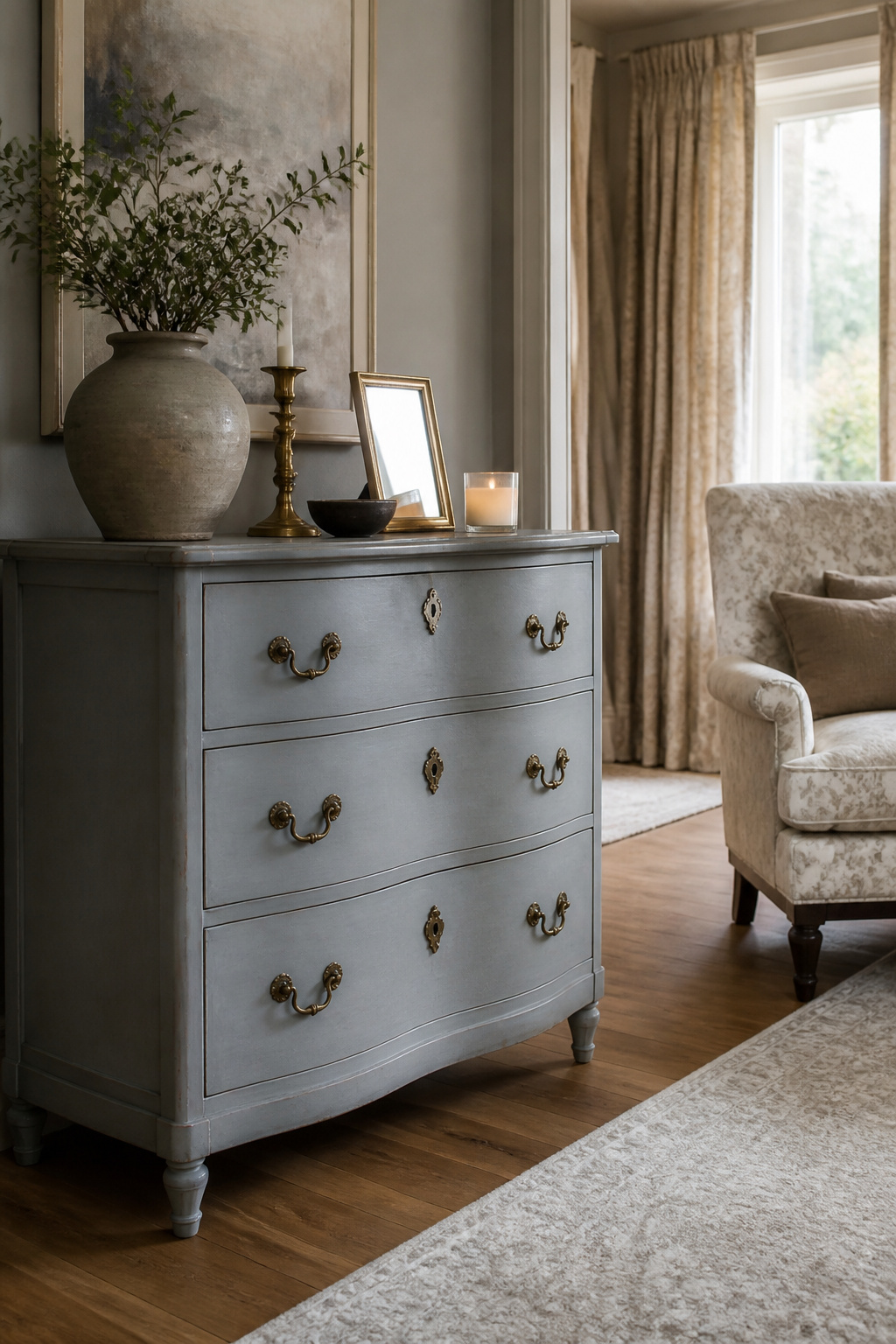 An antique dresser painted in Adrift SW 7608 in a living room.