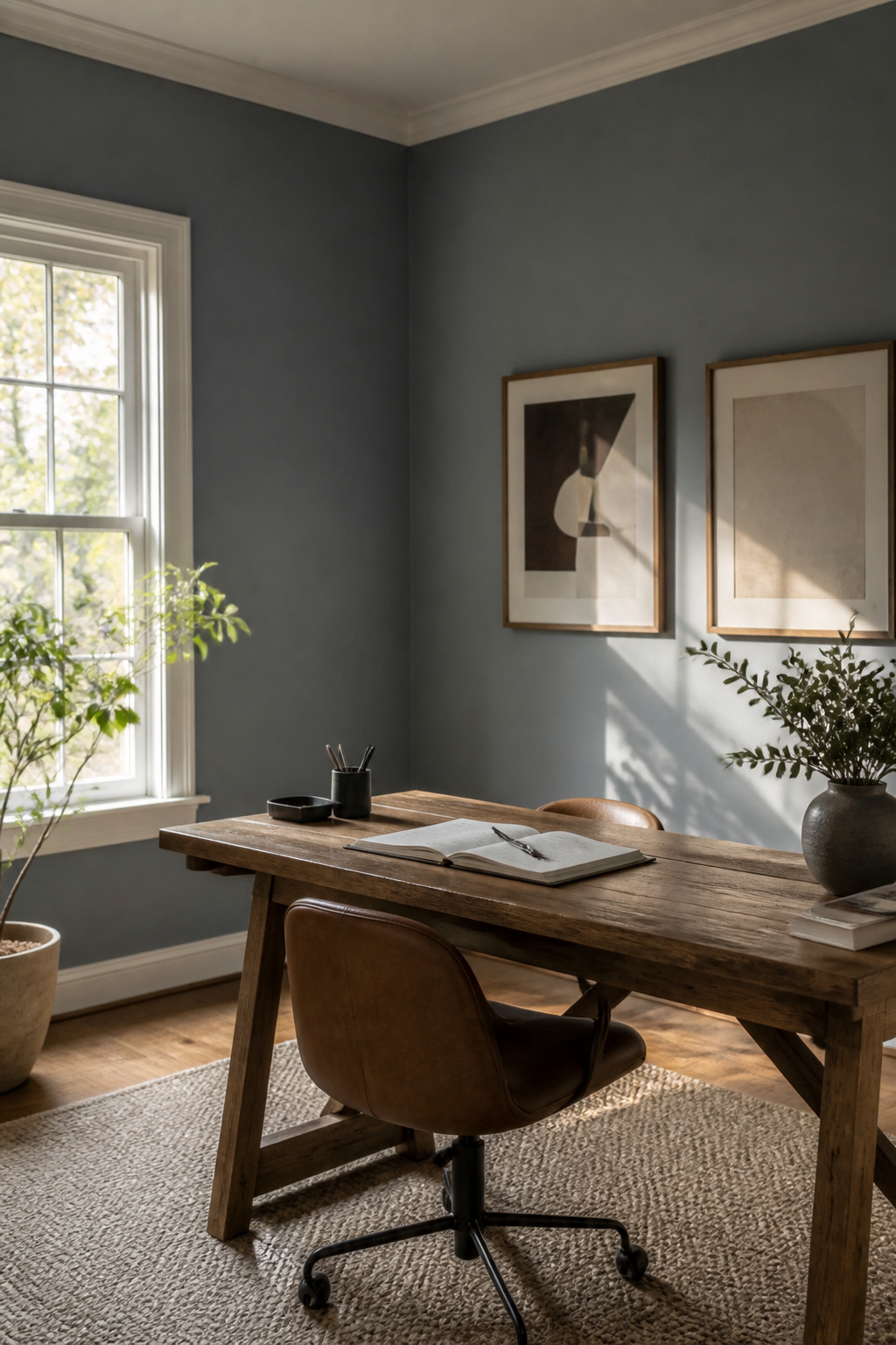 A small home office with walls painted in Cloudy Sky 2122-30.