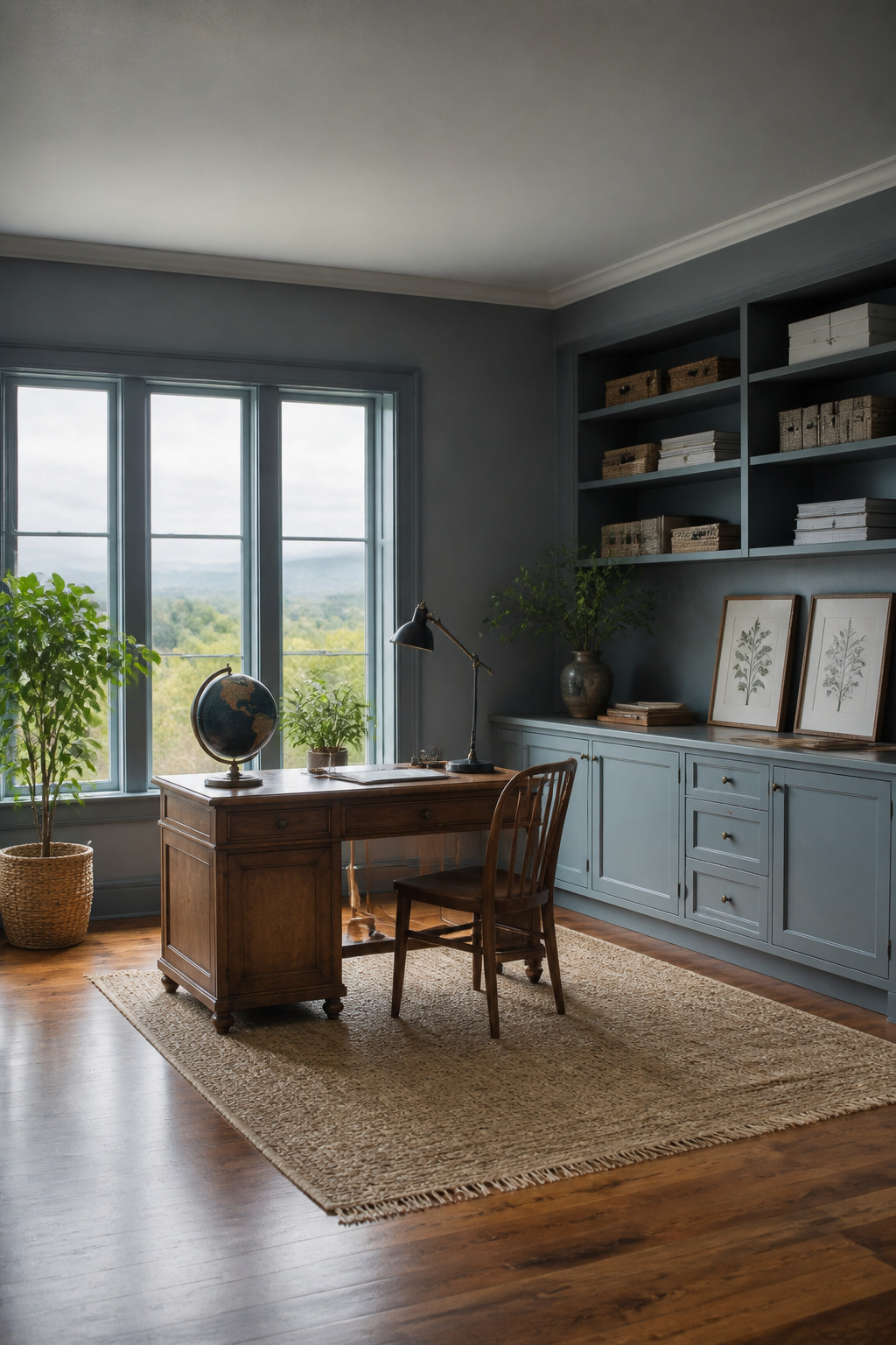 Walls painted in Boothbay Gray in a stylish home office.