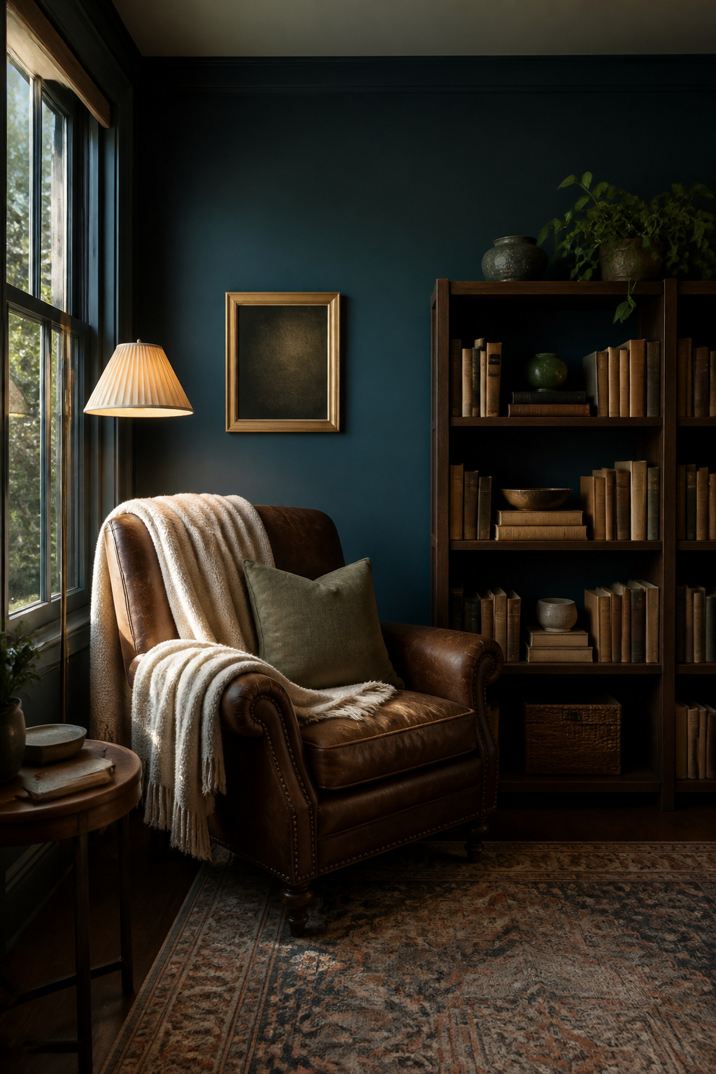 A reading nook with walls painted in Hague Blue 30.