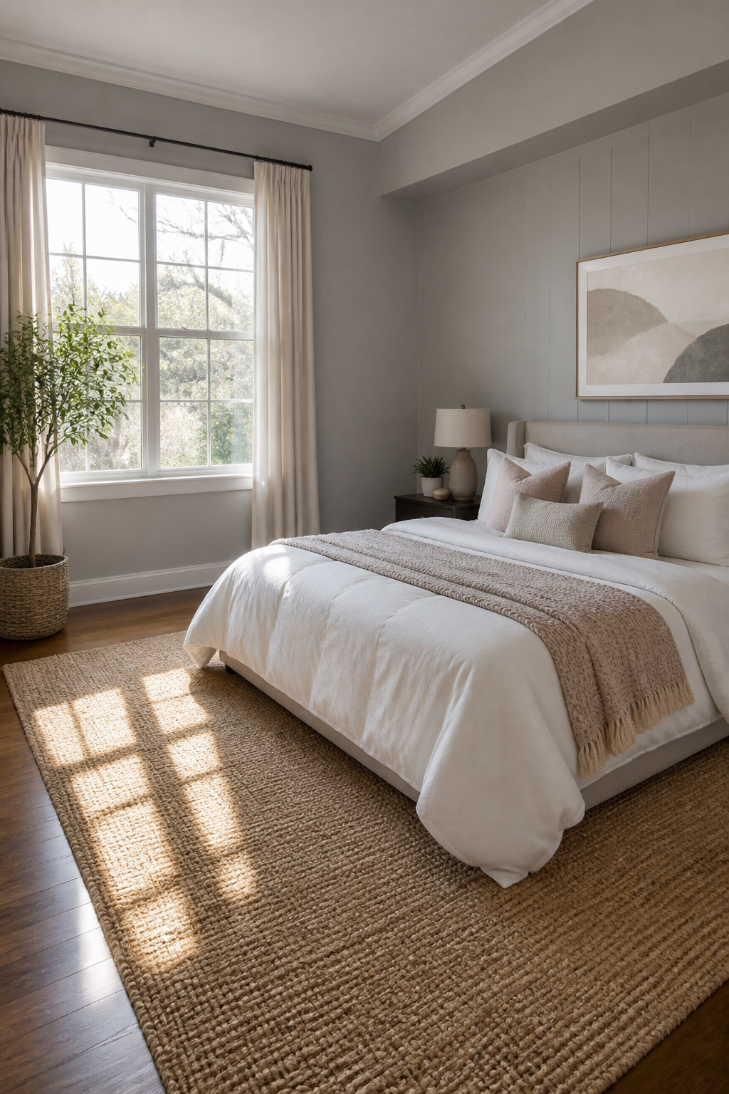 A bedroom with Seashell Gray walls and a white duvet on the bed.