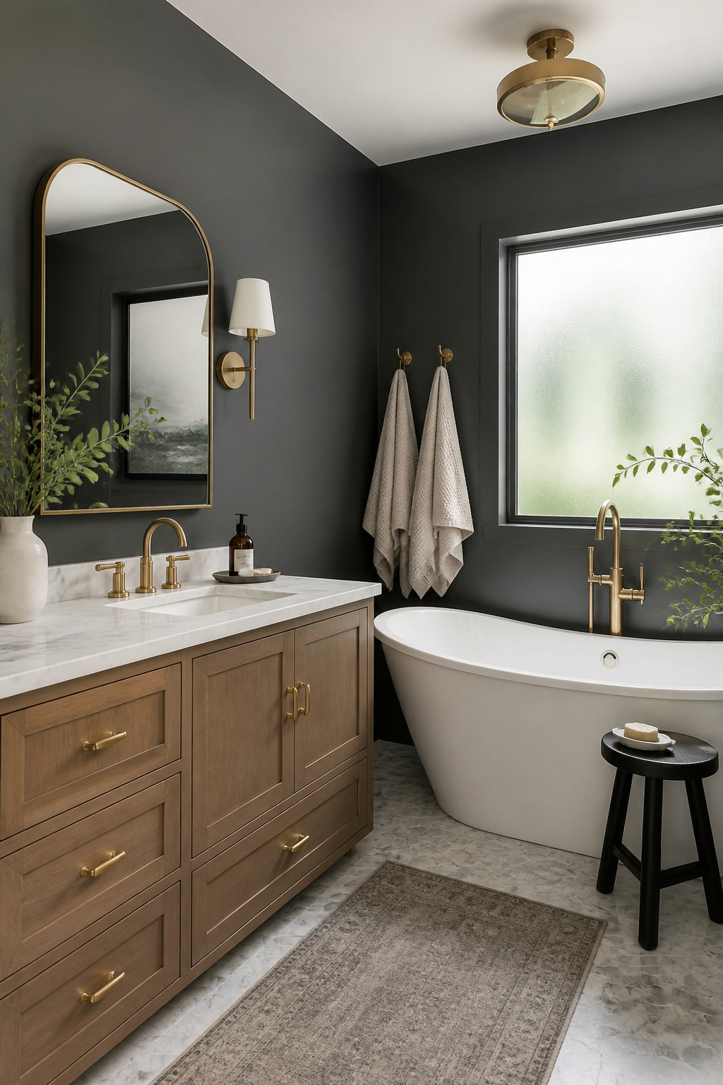 A bathroom with Iron Mountain walls and a freestanding tub.
