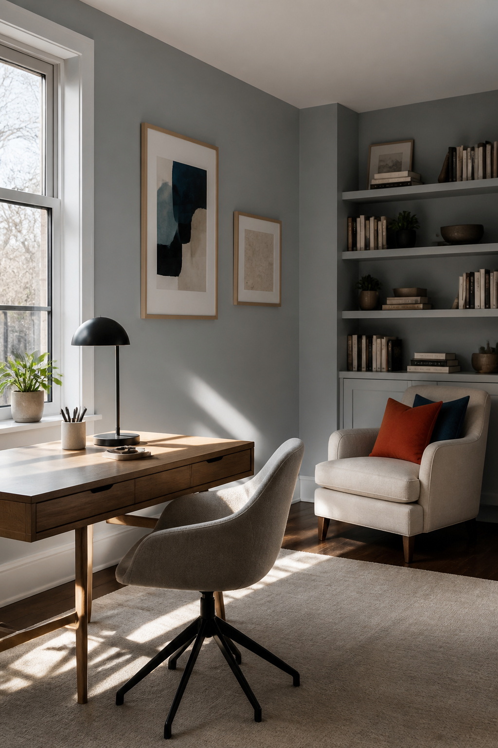 A study with Smoke walls and a minimalist desk setup.