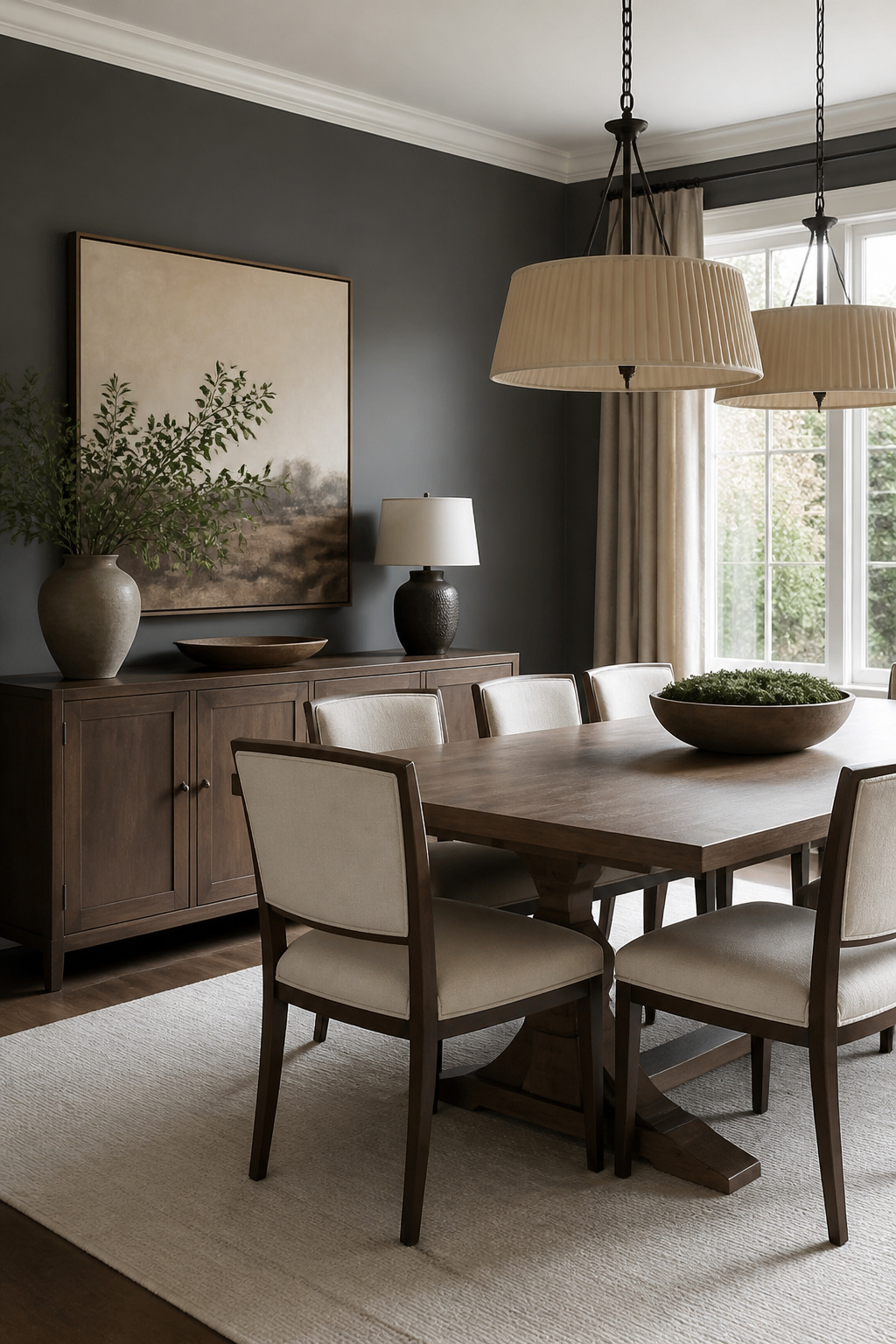 A dining room with Chelsea Gray walls and an elegant wood dining table.