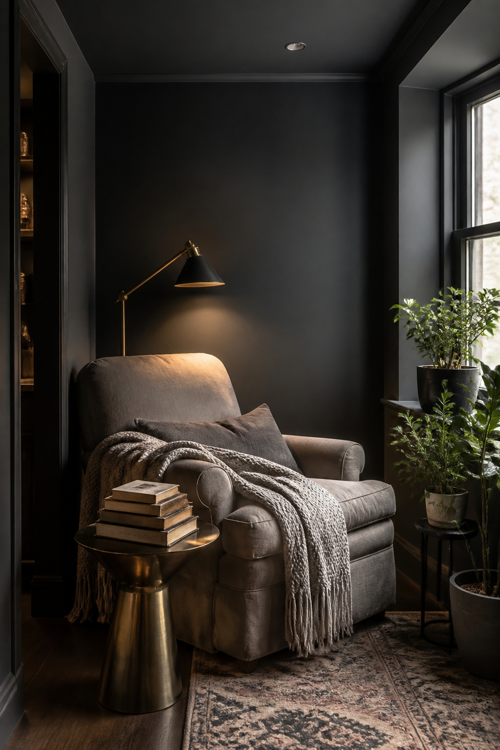 A reading corner with Peppercorn walls and a comfortable armchair.