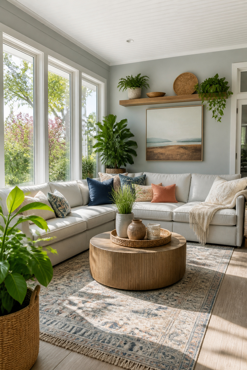 A sunroom with Gray Owl walls and a light-colored sectional sofa.