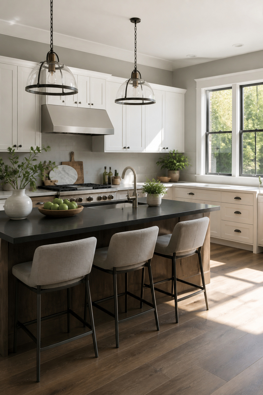 A kitchen with Modern Gray walls and white cabinetry.
