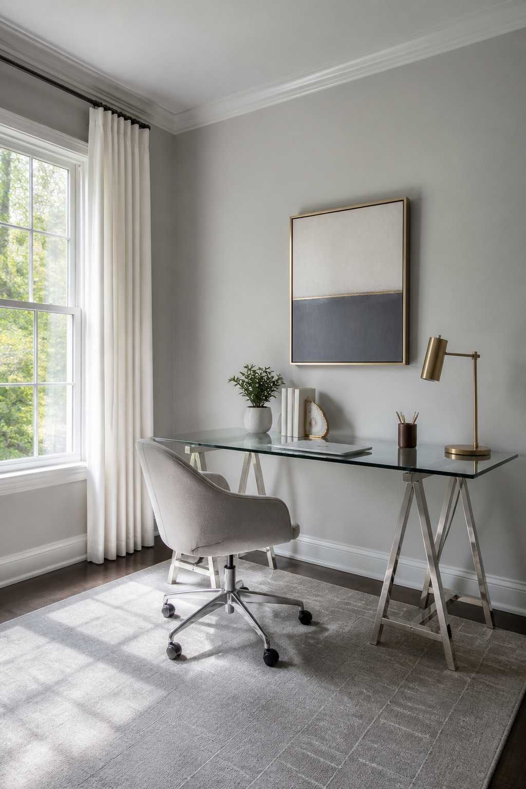 A home office with Classic Silver walls and a sleek glass desk.