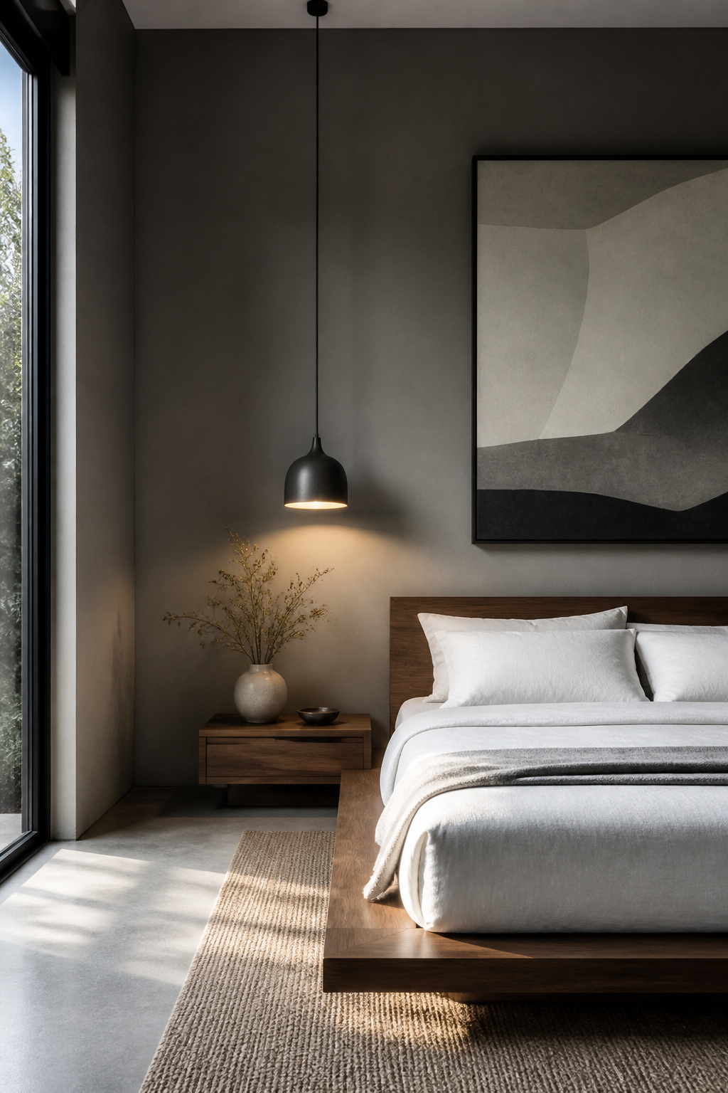 A bedroom with Cityscape walls and a platform bed.