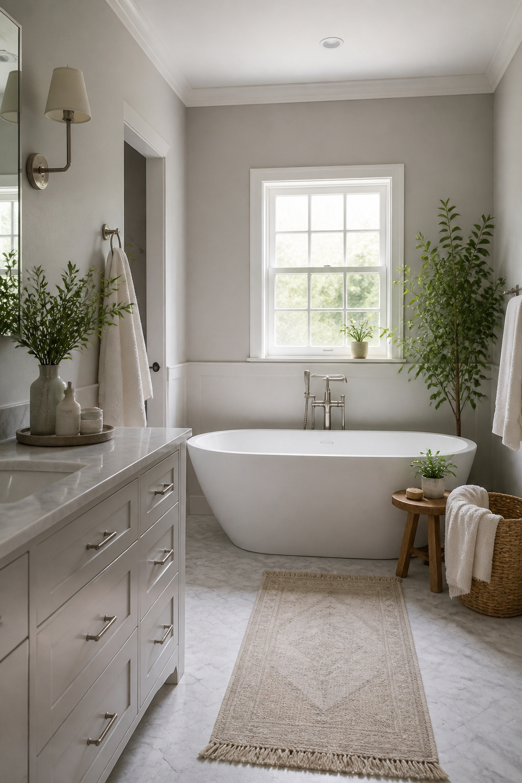 A bathroom with Mindful Gray walls and elegant white fixtures.