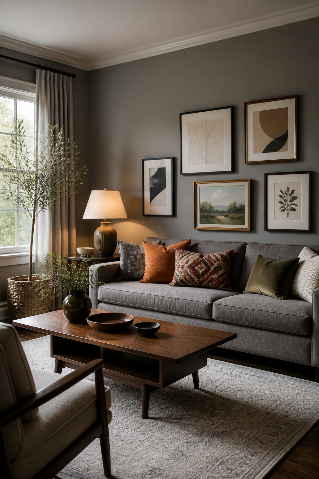 A living room with Gravity gray walls and colorful throw pillows on a sofa.