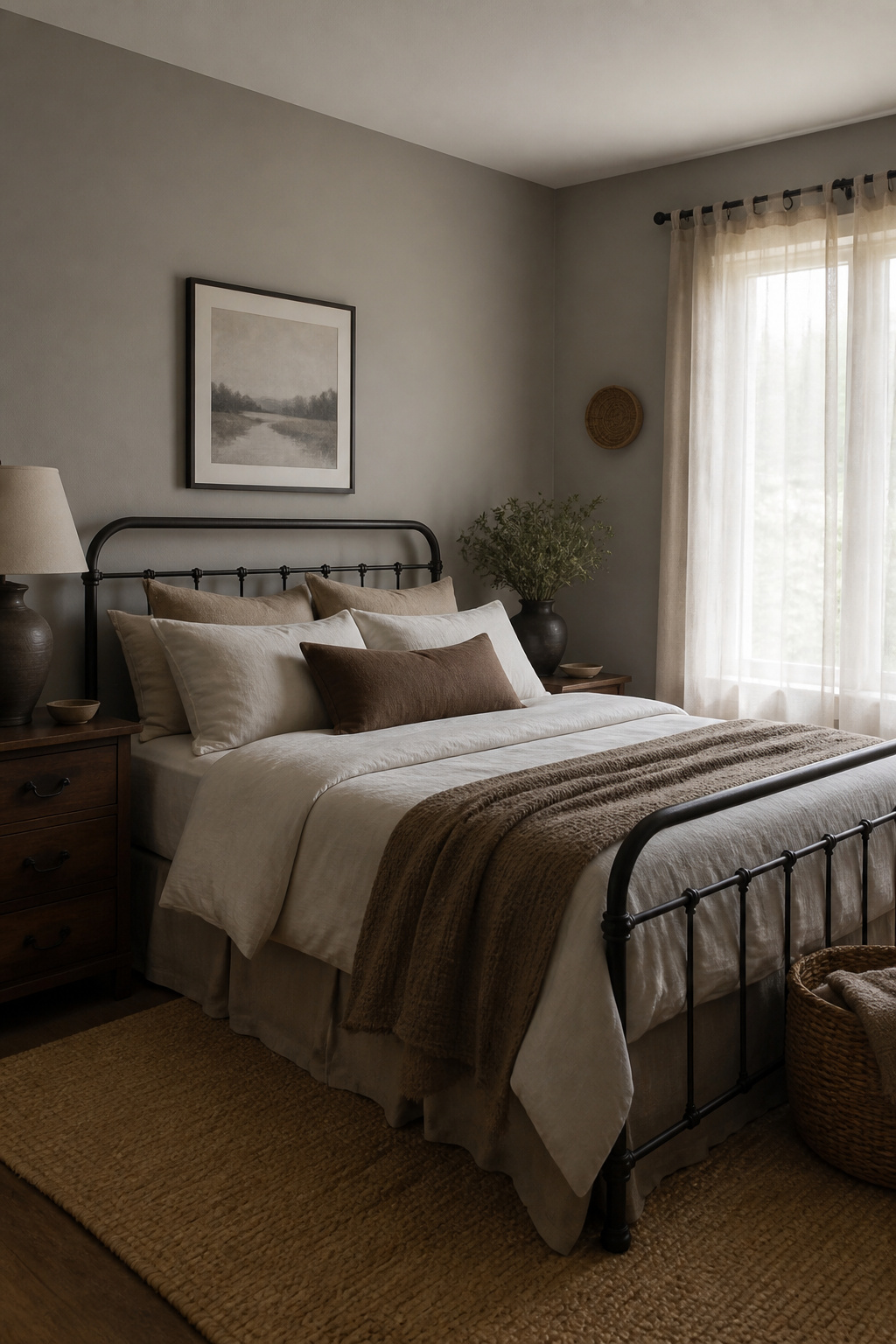 A bedroom with Tranquil Gray walls and a vintage-inspired bed.