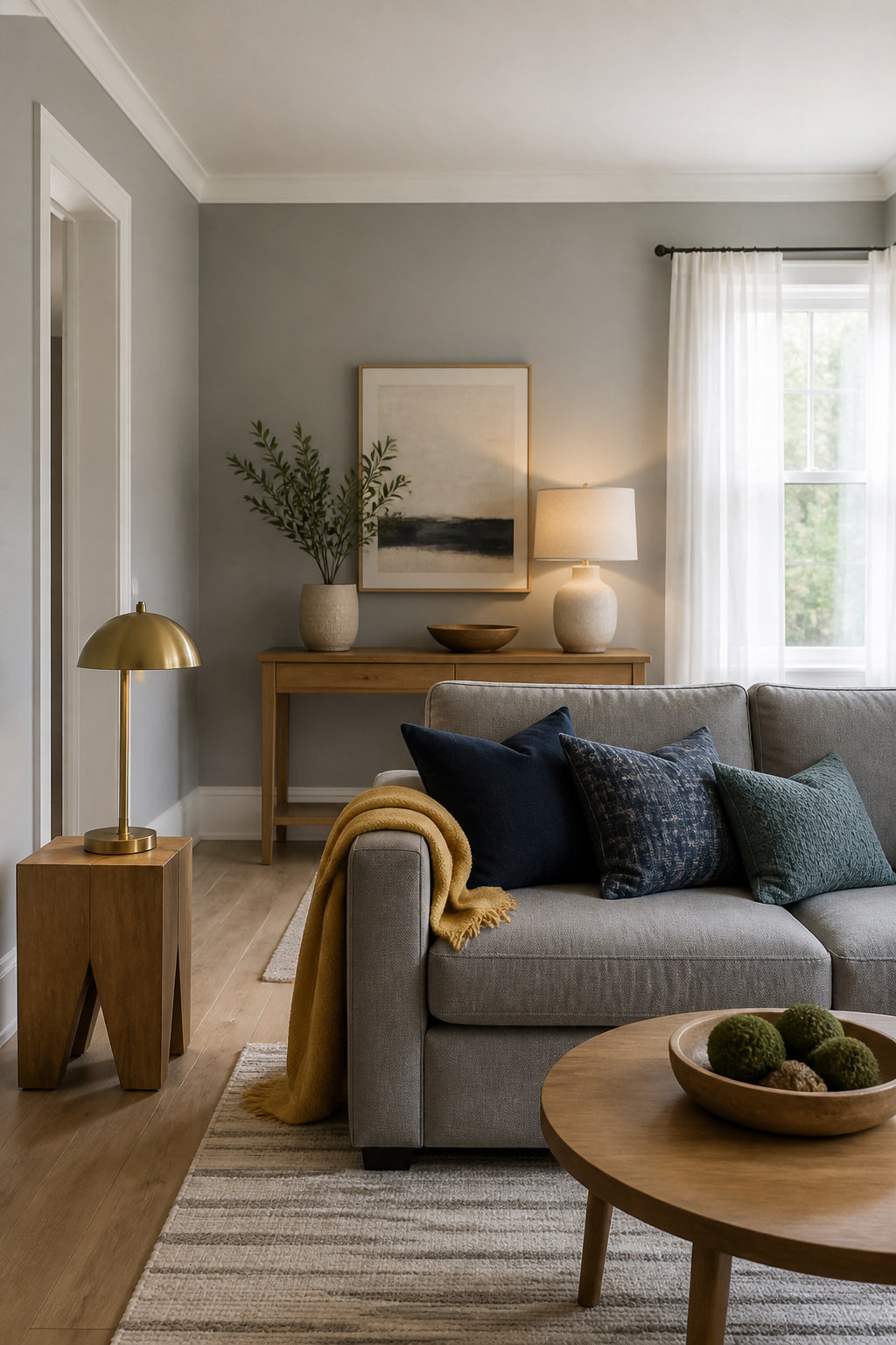 A room featuring Gray Owl with white trim and warm accents.
