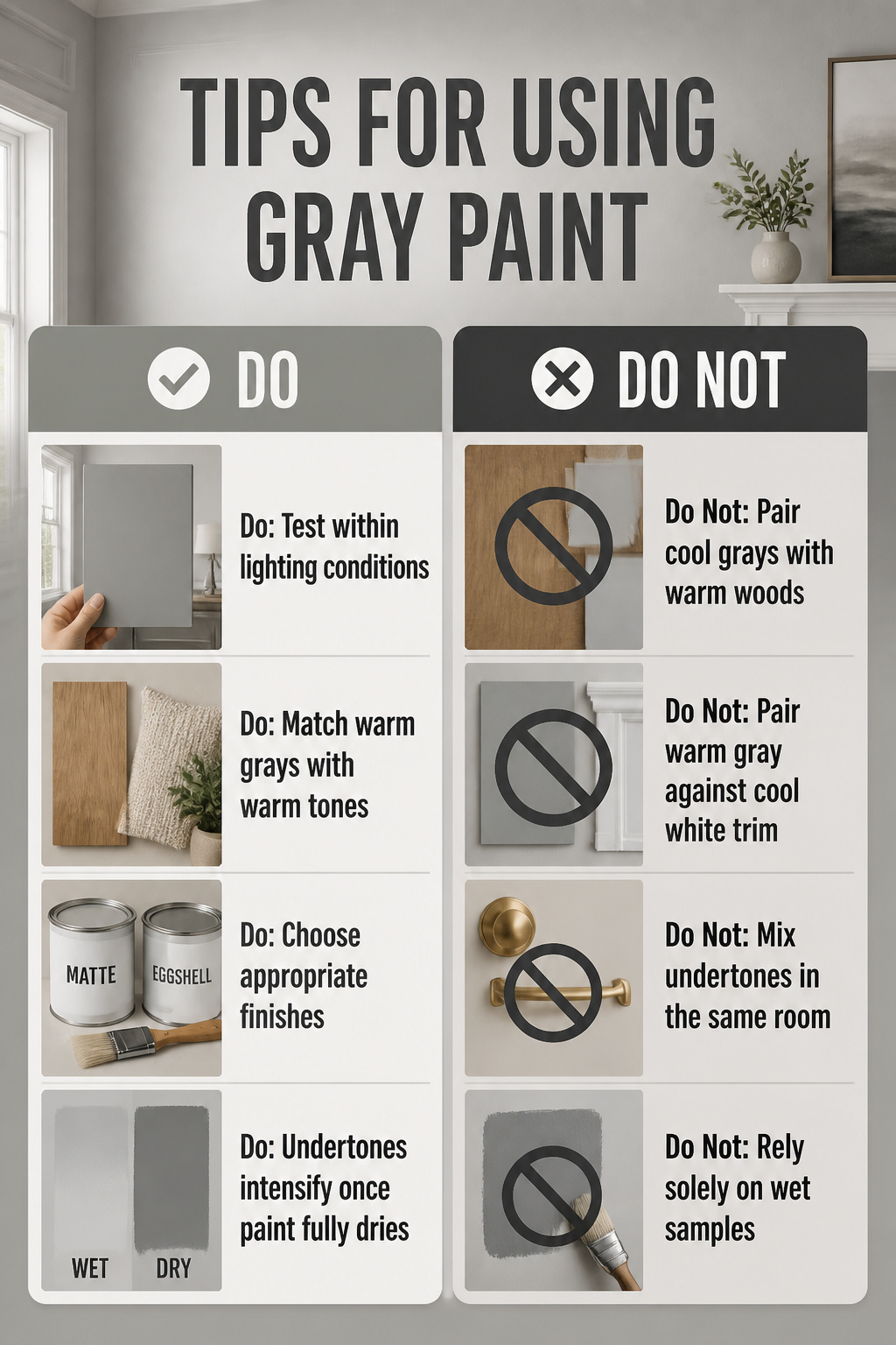 A collection of tips for using gray paint in home design.