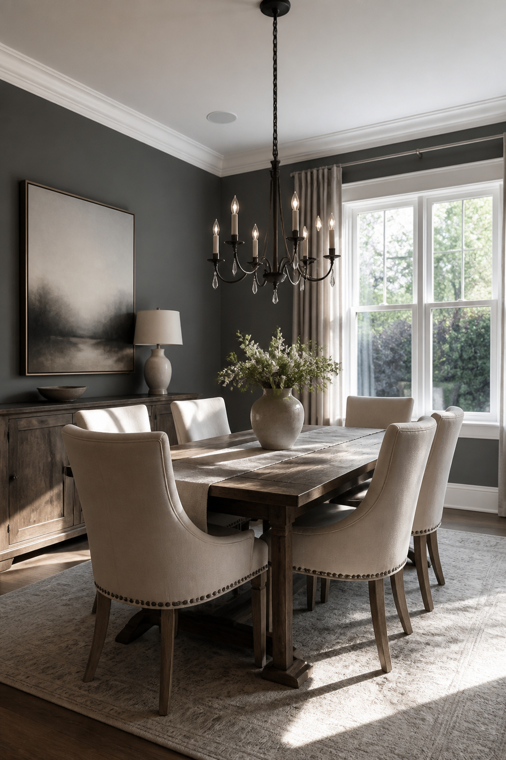 A dining room with Elephant Gray walls and a weathered wood dining table.