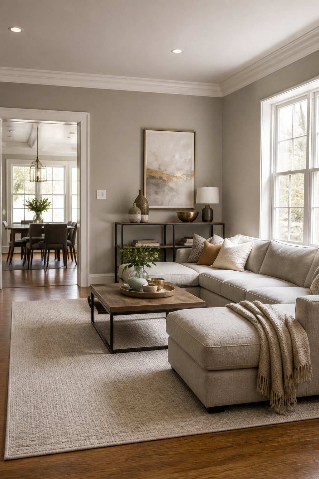 A living room with Revere Pewter walls and a contemporary sectional sofa.