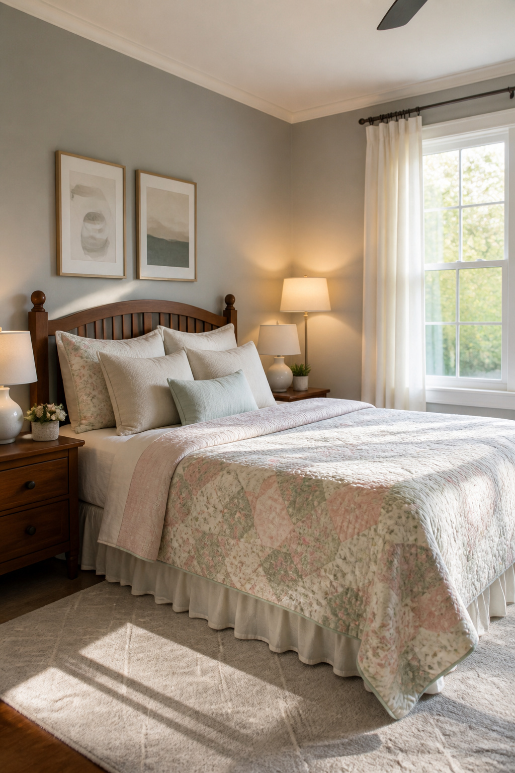 A guest bedroom with Classic Gray walls and a pastel quilt on the bed.