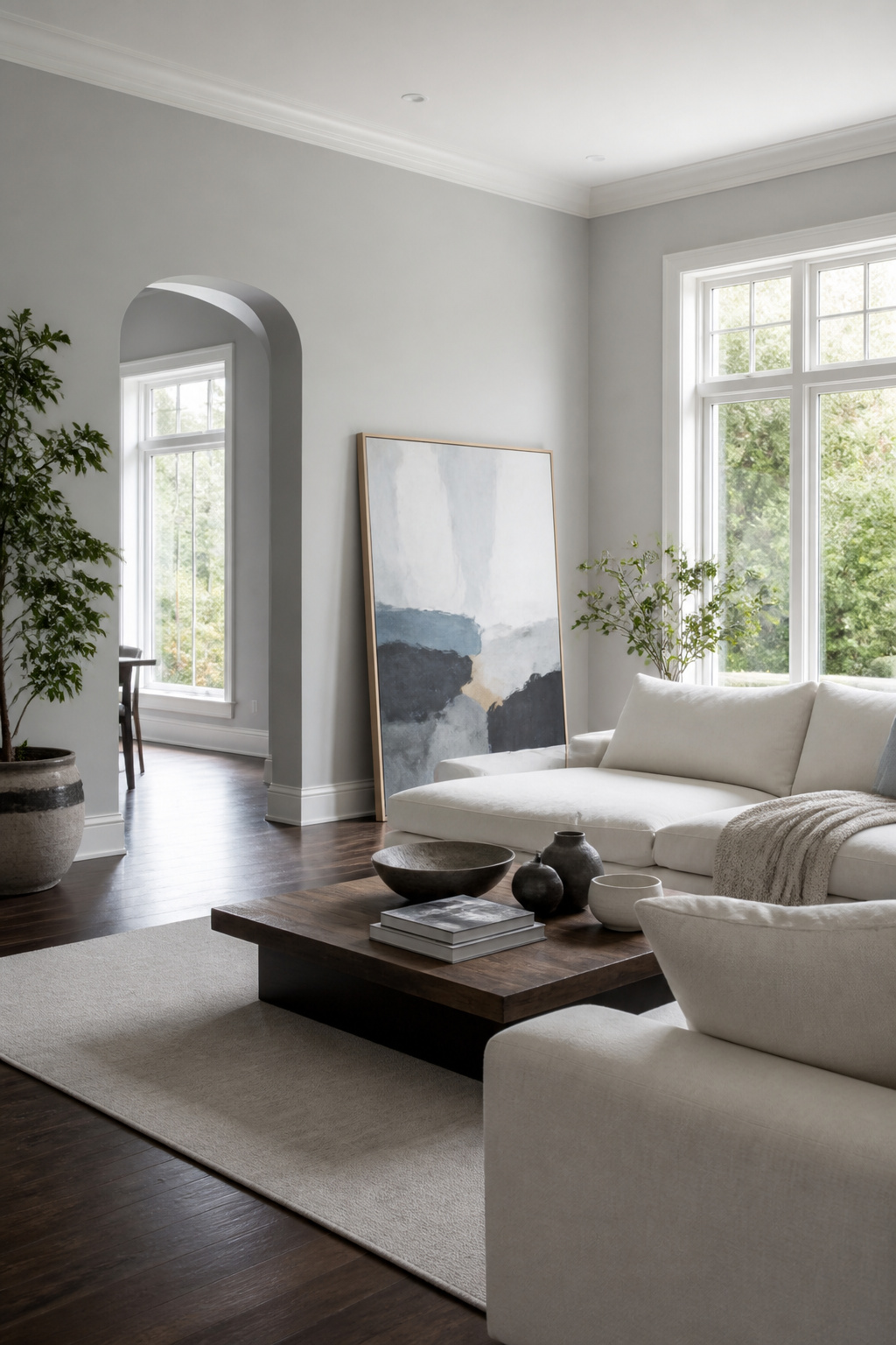 A living area with Wickham Gray walls and a cream sectional sofa.