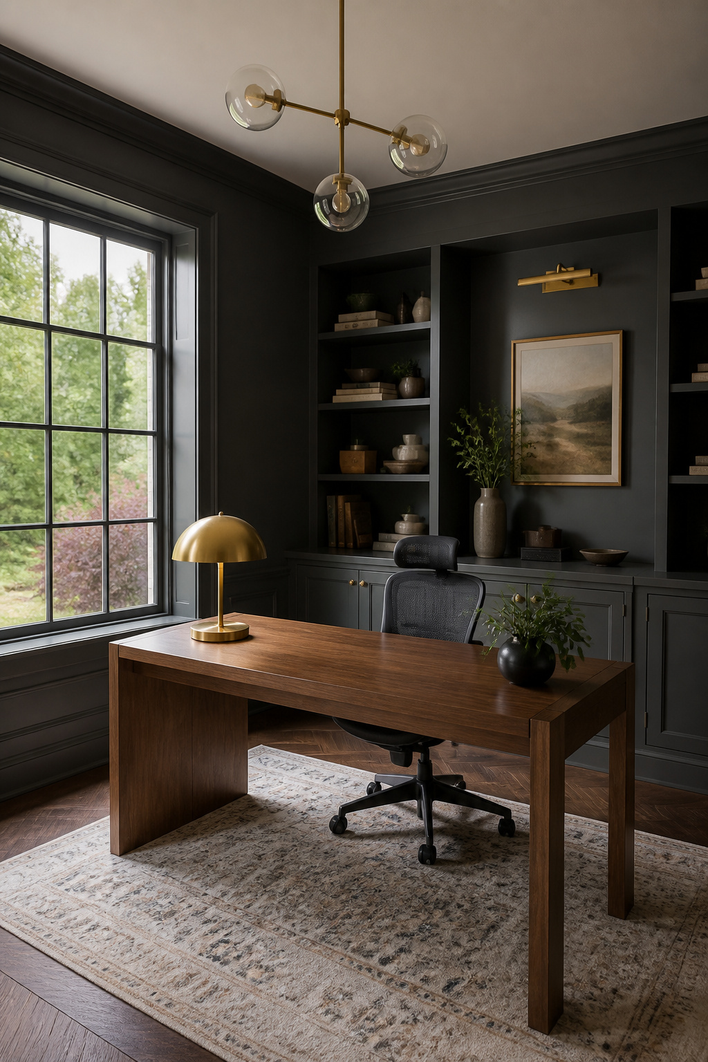 A home office with Kendall Charcoal walls and a sleek wooden desk.