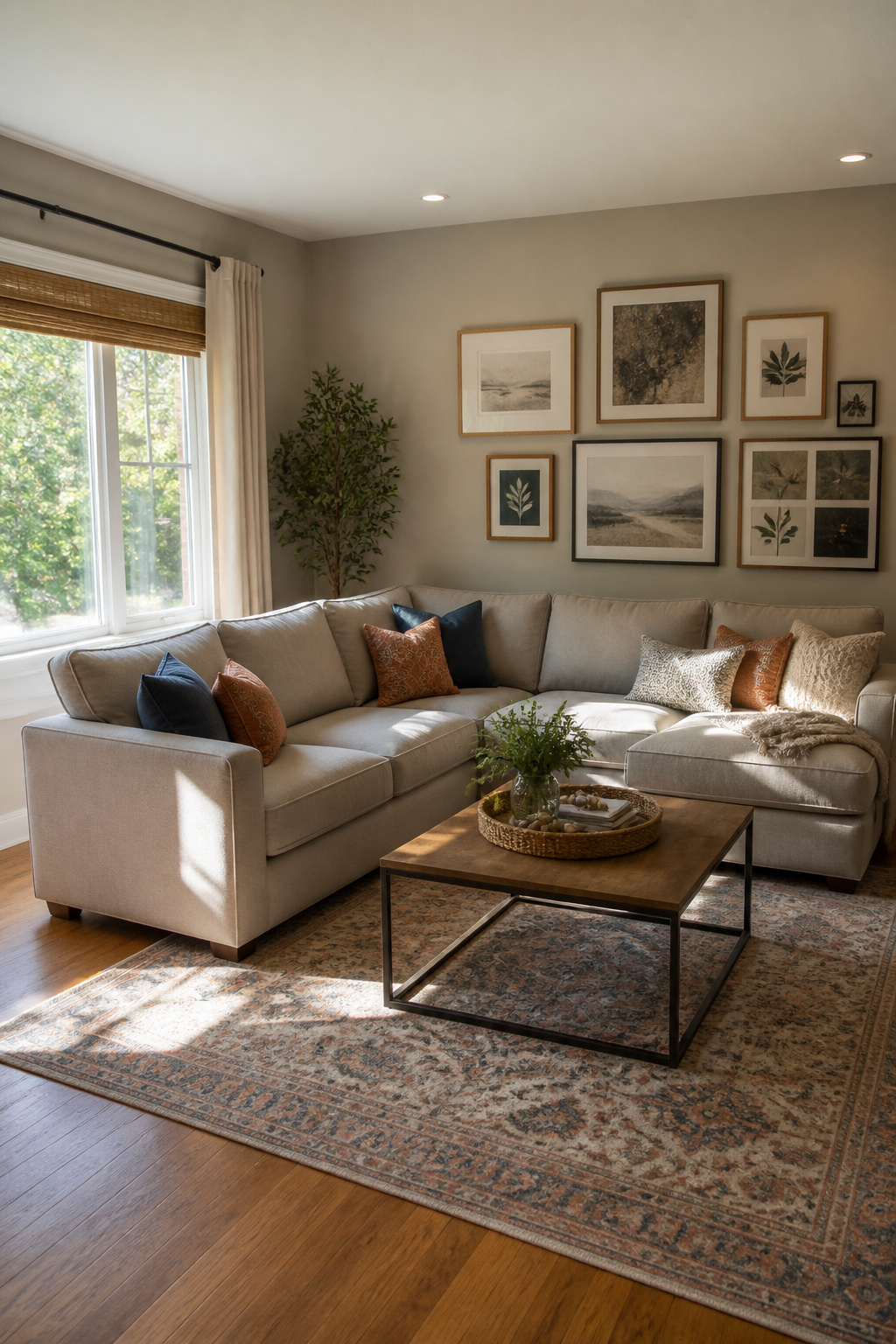 A family room with Agreeable Gray walls and a large sectional sofa.
