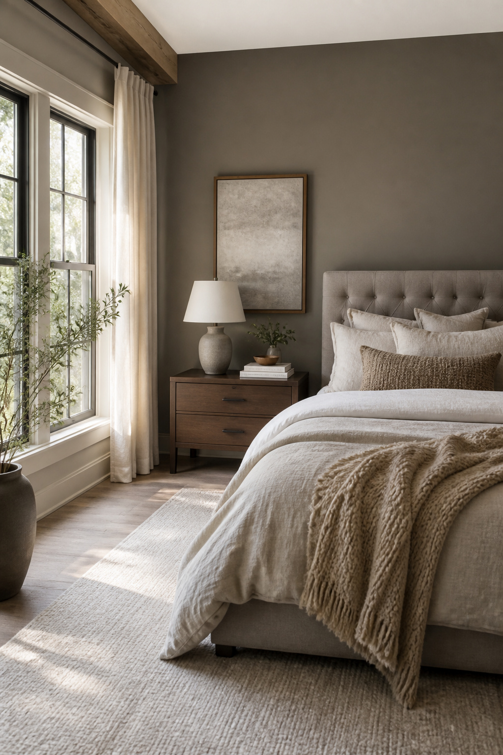 A bedroom with Dovetail walls and a tufted bed adorned with soft linens.