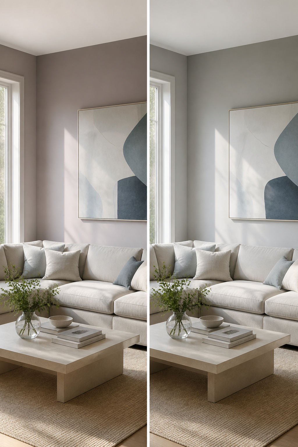 A wall displaying Grayish SW 6001 in varying light conditions.