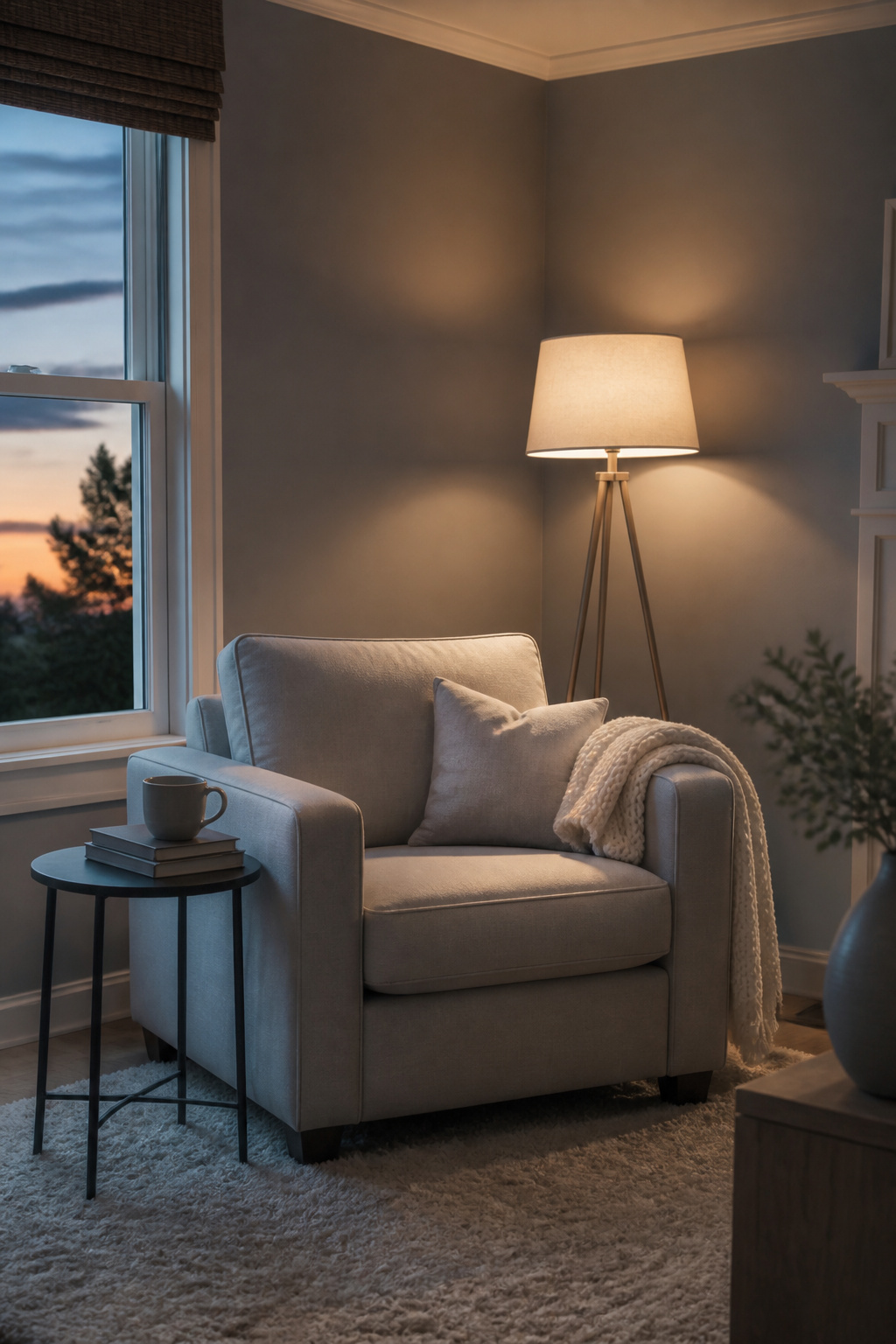A reading nook with Grayish SW 6001 walls and an eggshell finish.