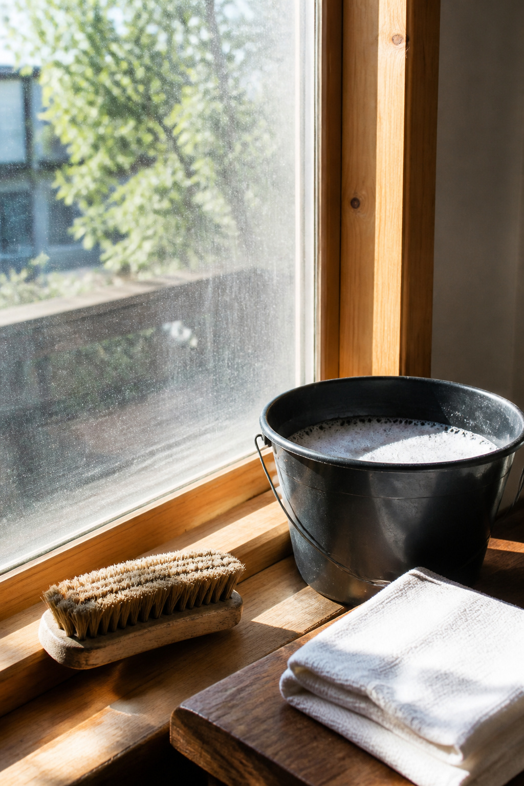 How to Remove Spray Paint From Glass in 6 Steps (2026) 2 A glass window with a bucket of soapy water and a scrub brush nearby.