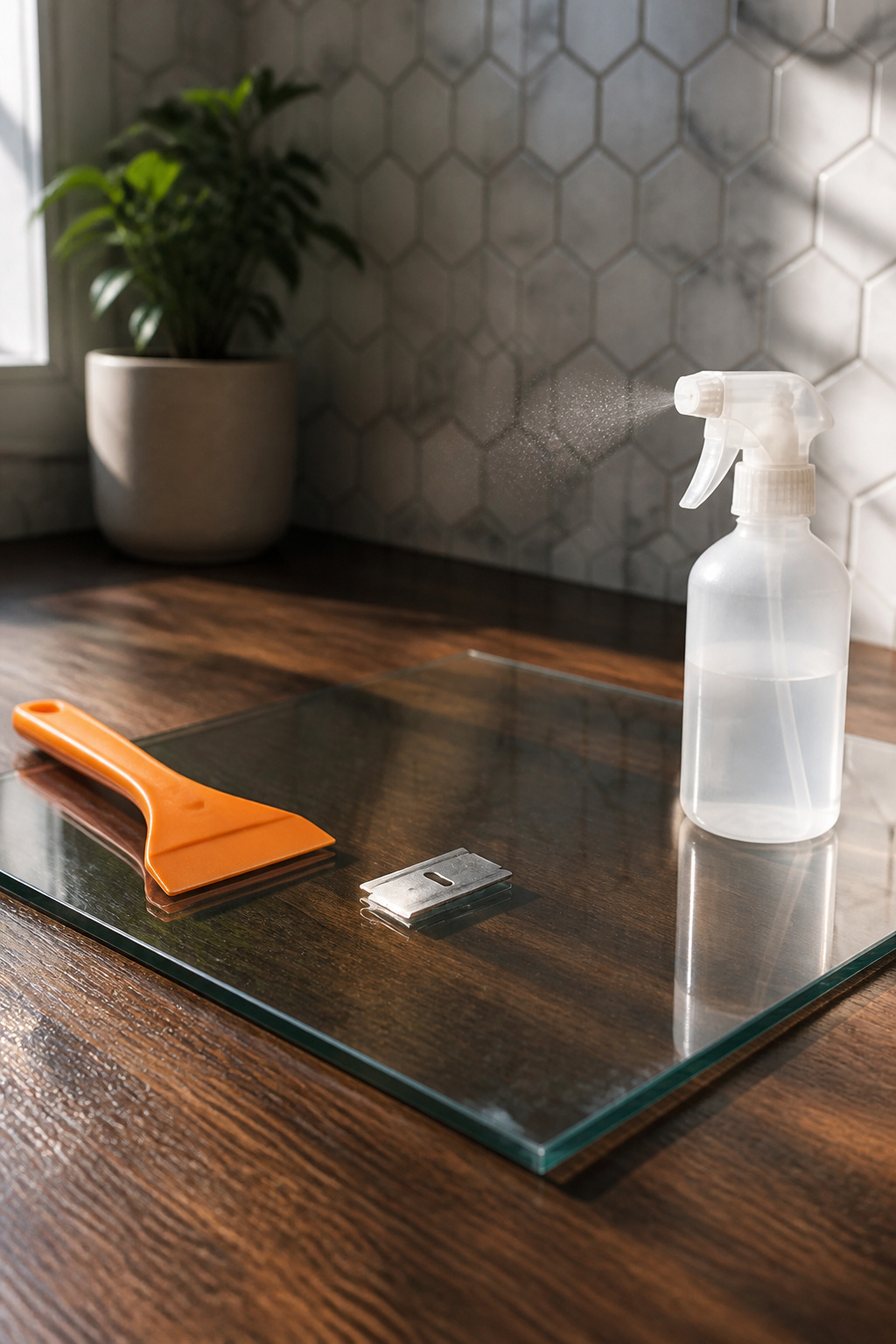 How to Remove Spray Paint From Glass in 6 Steps (2026) 4 A razor blade and plastic scraper on a clear glass surface.