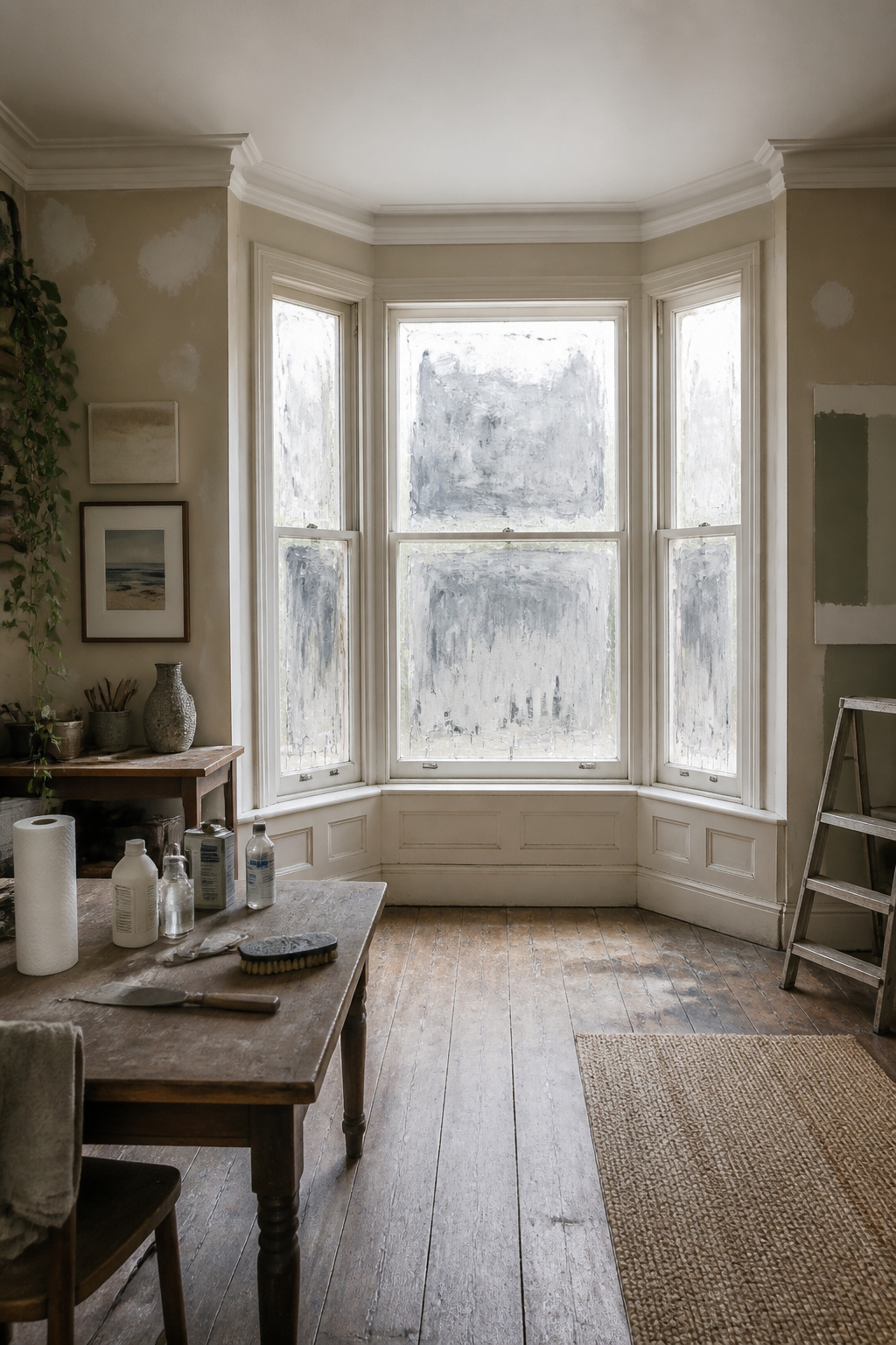 How to Remove Spray Paint From Glass in 6 Steps (2026) 9 A bay window with visible spray paint overspray.