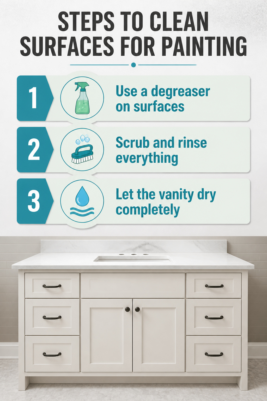 Steps to clean surfaces for painting bathroom vanity cabinets.