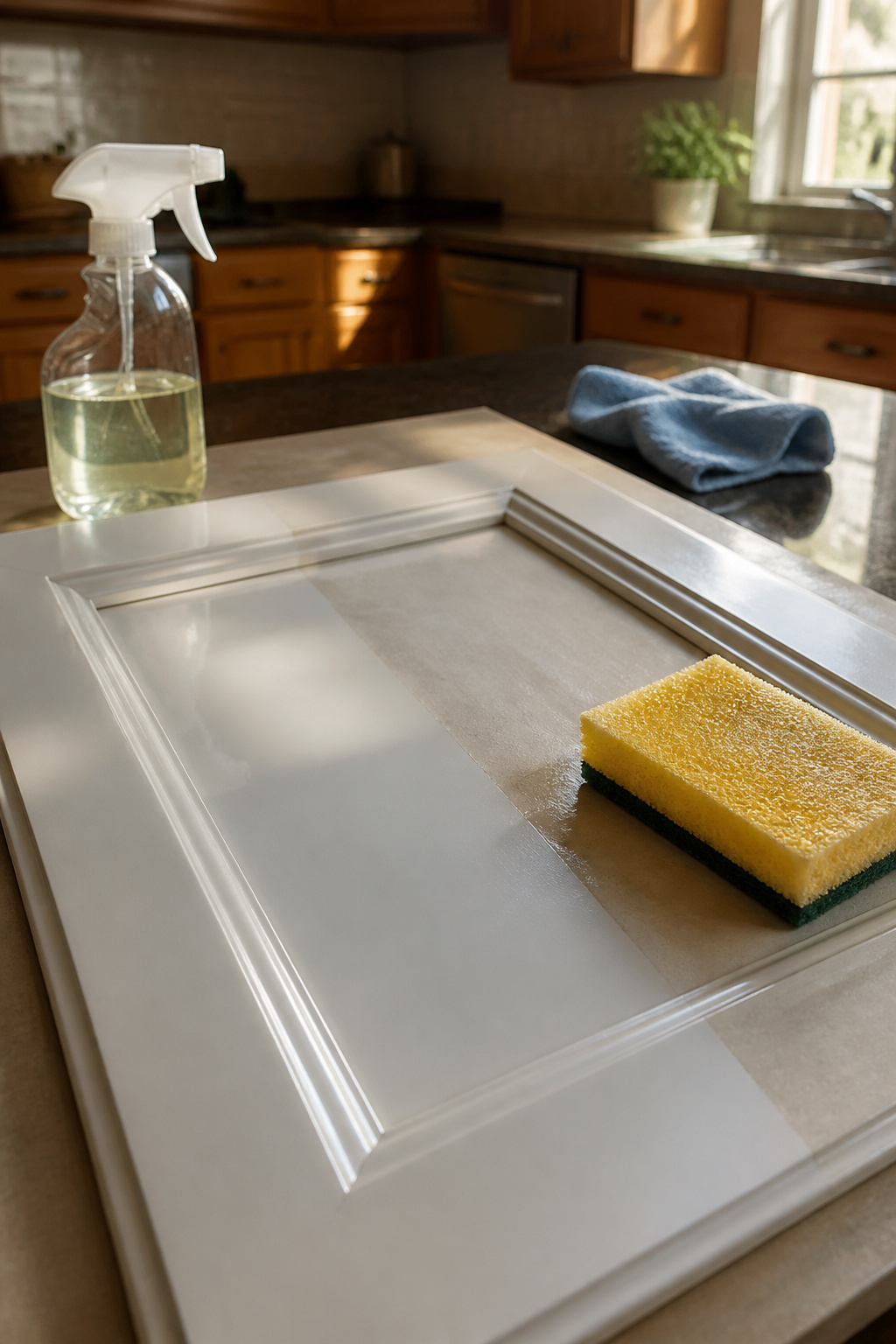 A cabinet frame and TSP degreaser spray bottle on a countertop.