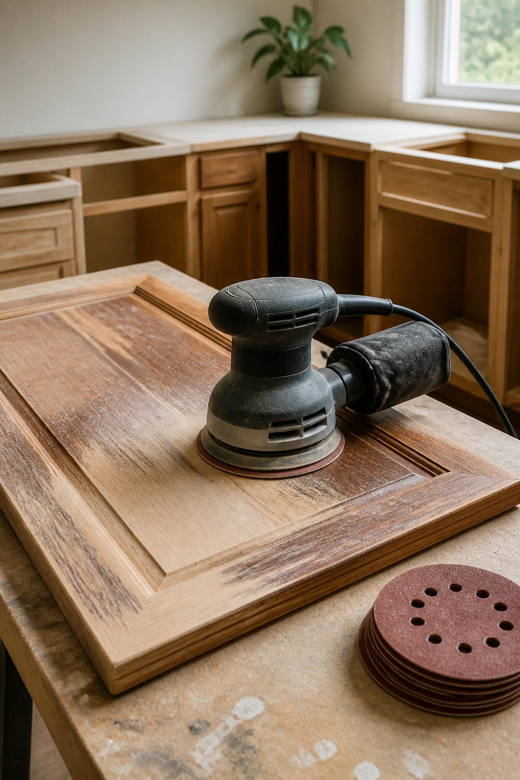 A palm sander on a wooden cabinet door with sandpaper nearby.