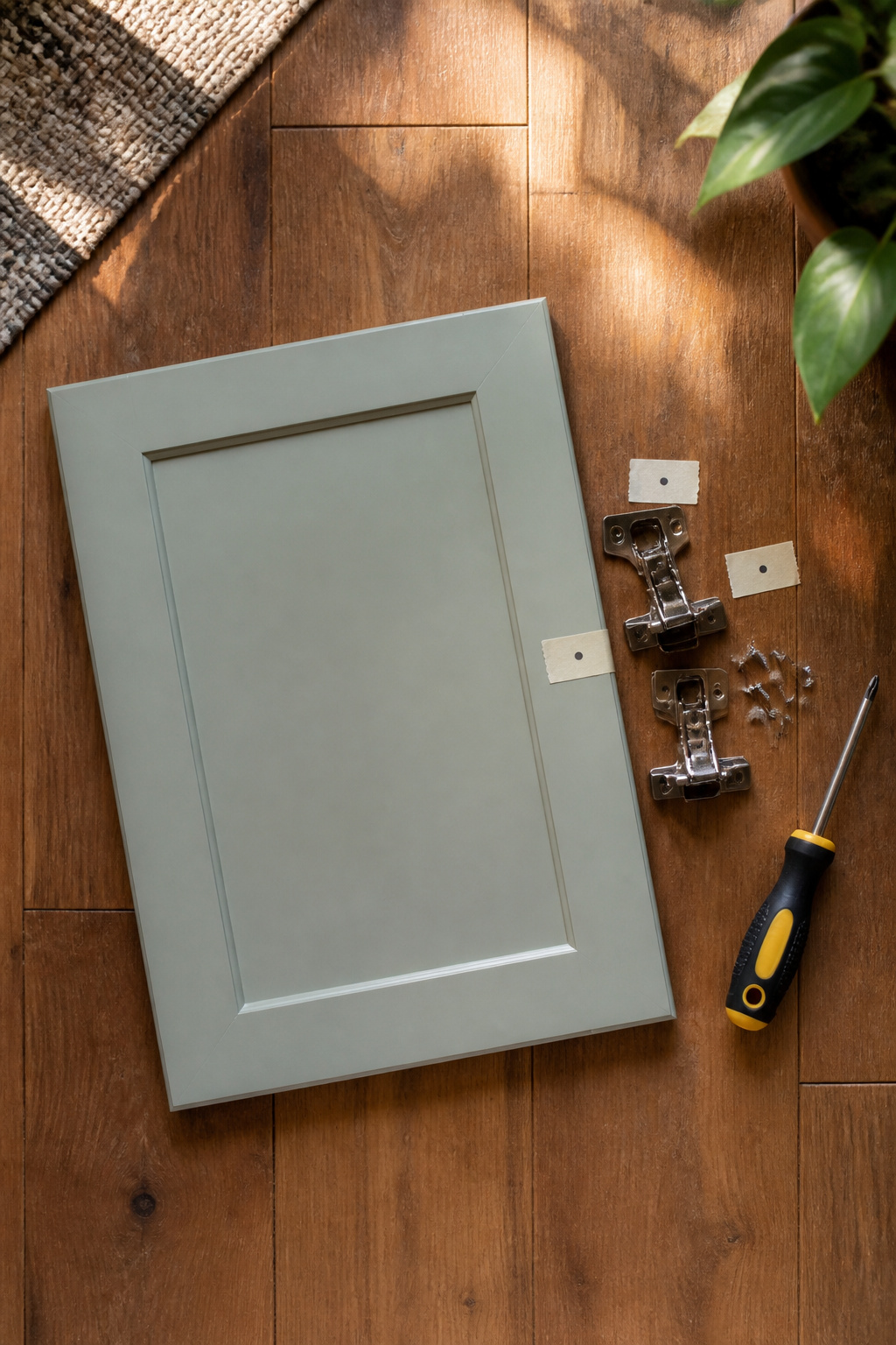 A person aligning and attaching cabinet doors back to their frames.