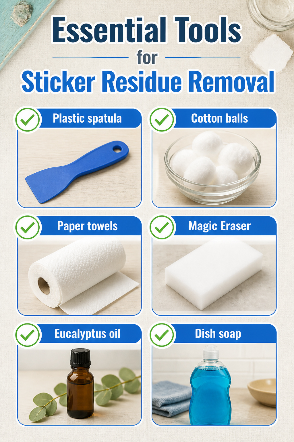 How to Remove Sticker Residue: 7 Methods for Any Surface (2026) 10 Tools like a plastic spatula and cotton balls for sticker removal.