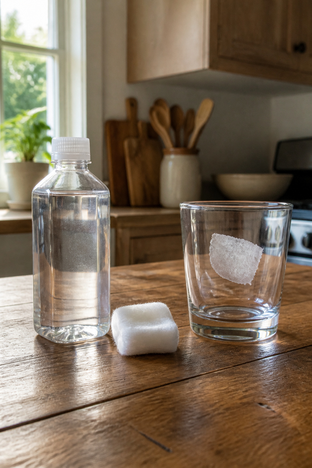 How to Remove Sticker Residue: 7 Methods for Any Surface (2026) 5 A bottle of rubbing alcohol next to a cotton ball on a wooden surface.