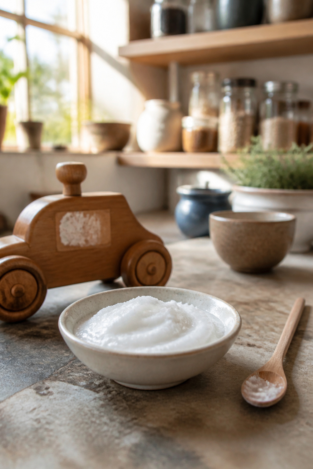 How to Remove Sticker Residue: 7 Methods for Any Surface (2026) 6 A dish of baking soda and coconut oil paste on a rustic countertop.