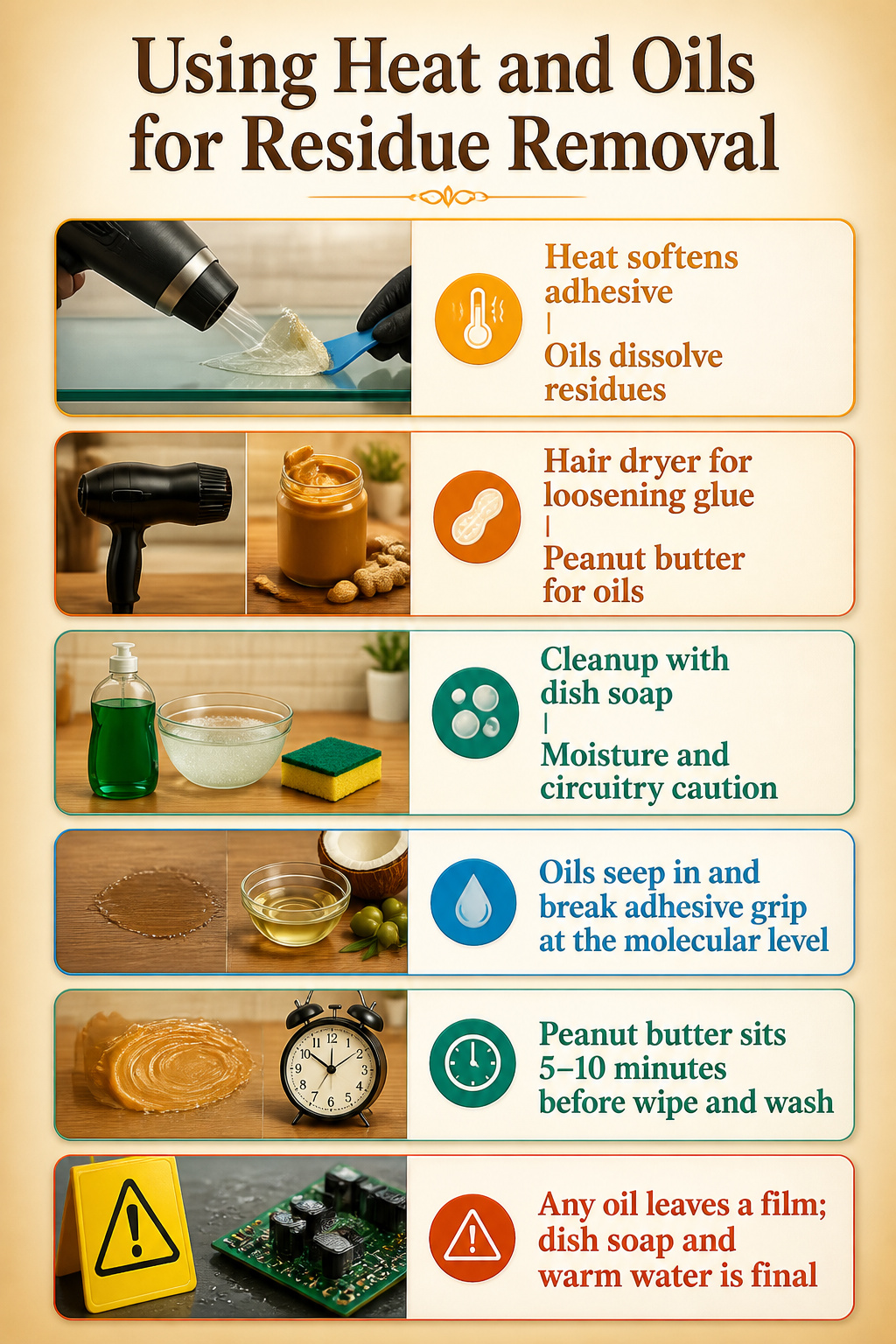 How to Remove Sticker Residue: 7 Methods for Any Surface (2026) 9 An illustration showing heat and oils for sticker residue removal.